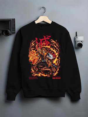 Black crewneck sweatshirt on a hanger against a grey wall, featuring Demon Slayer Rengoku anime poster inspired artwork with bold flame stance and fiery shonen battle style.
