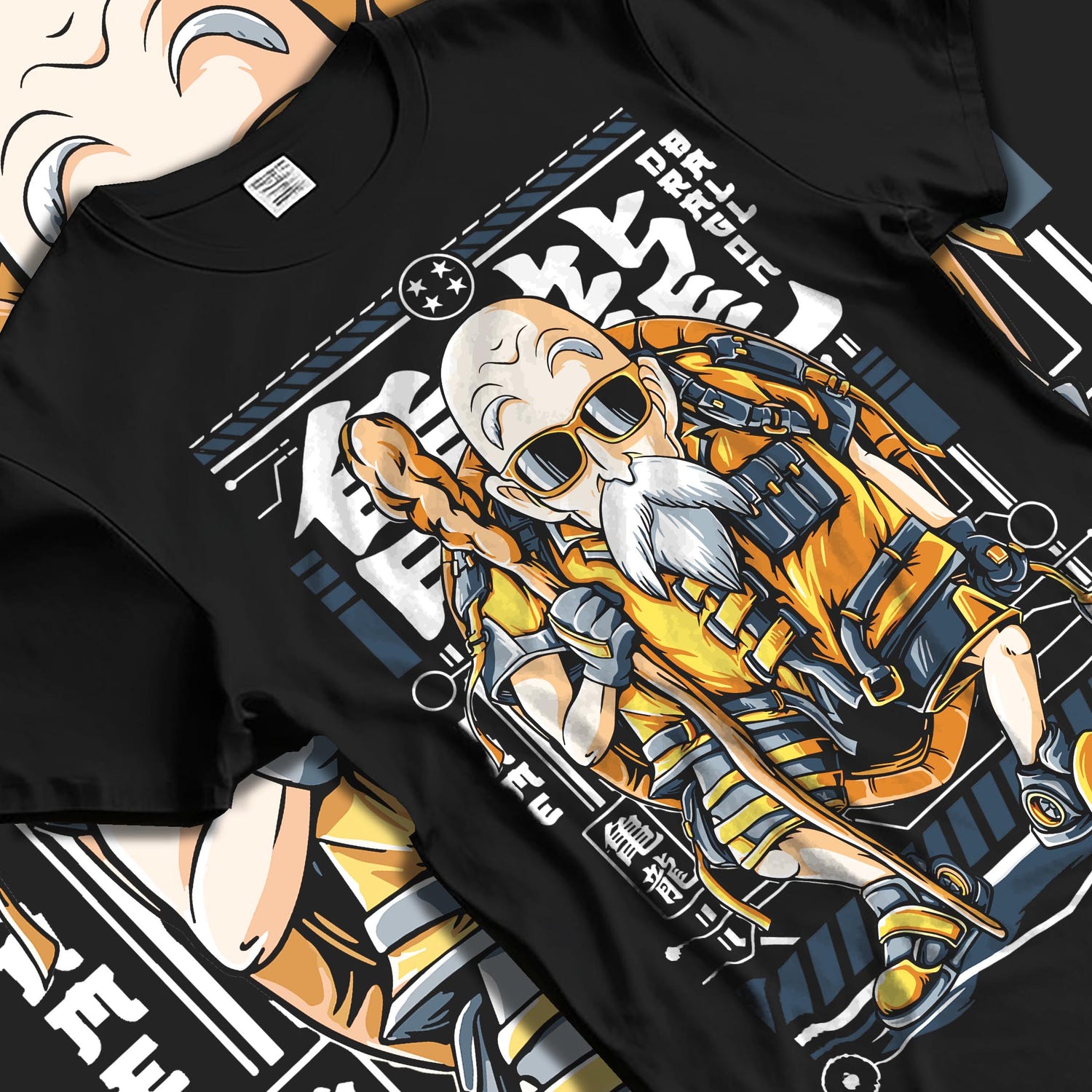 Black T-shirt laid flat with natural fabric folds, featuring Master Roshi Dragon Ball retro manga graphic artwork with anime poster inspired design.
