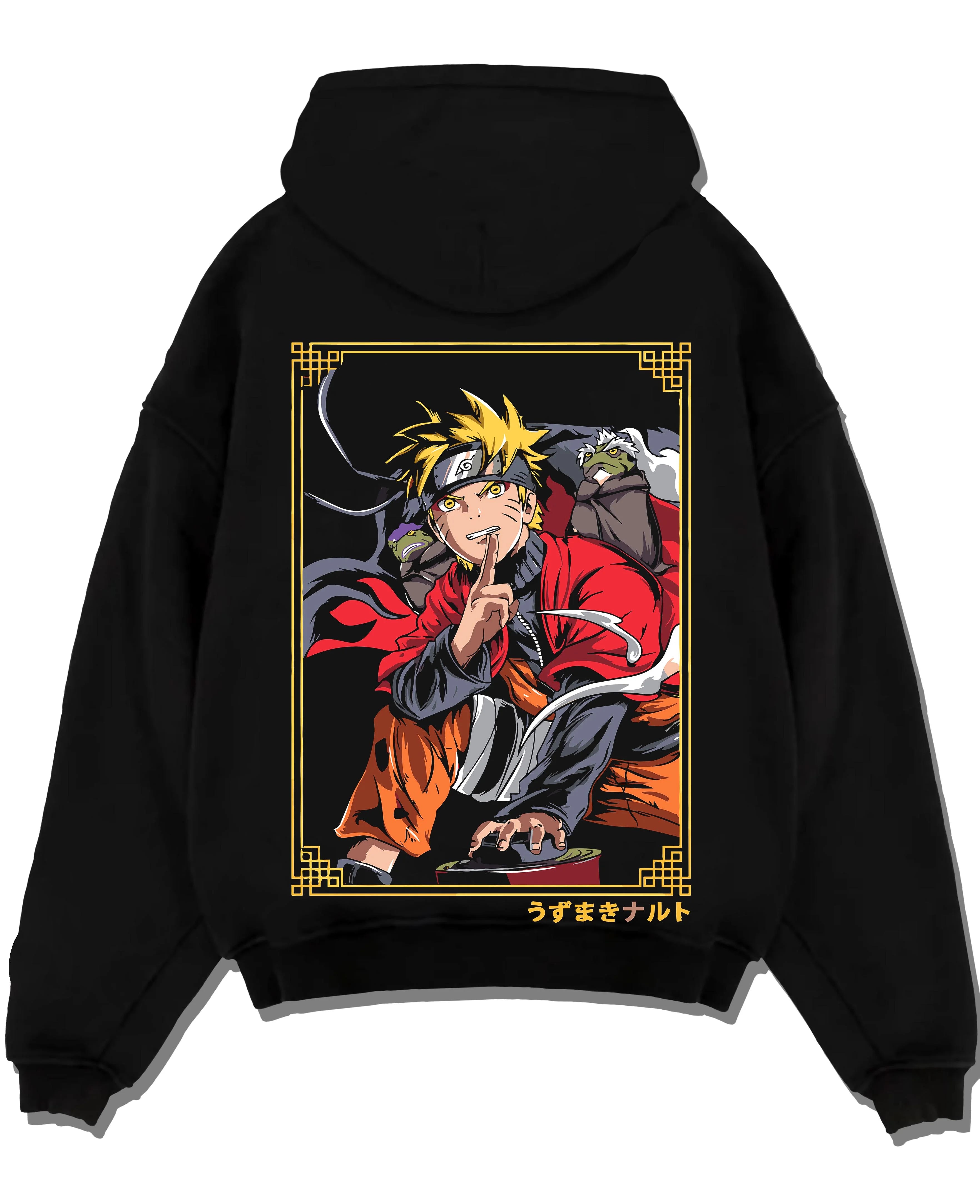 Black pullover hoodie laid flat with Naruto Uzumaki Hoodie Naruto Shippuden Sage Mode graphic bold anime graphic.