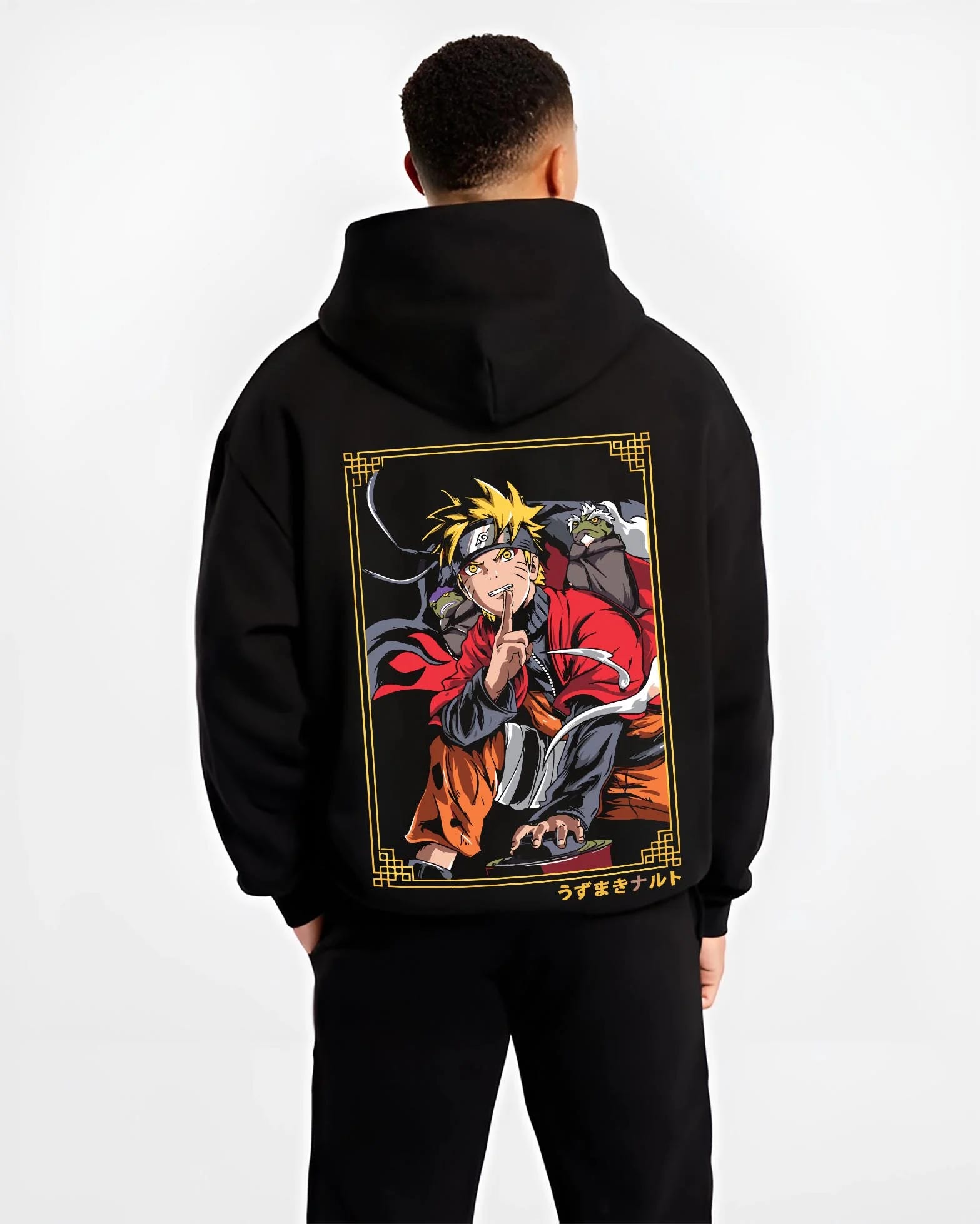 Black hoodie worn by male model, back view with Naruto Uzumaki Hoodie Naruto Shippuden Sage Mode graphic premium wear.