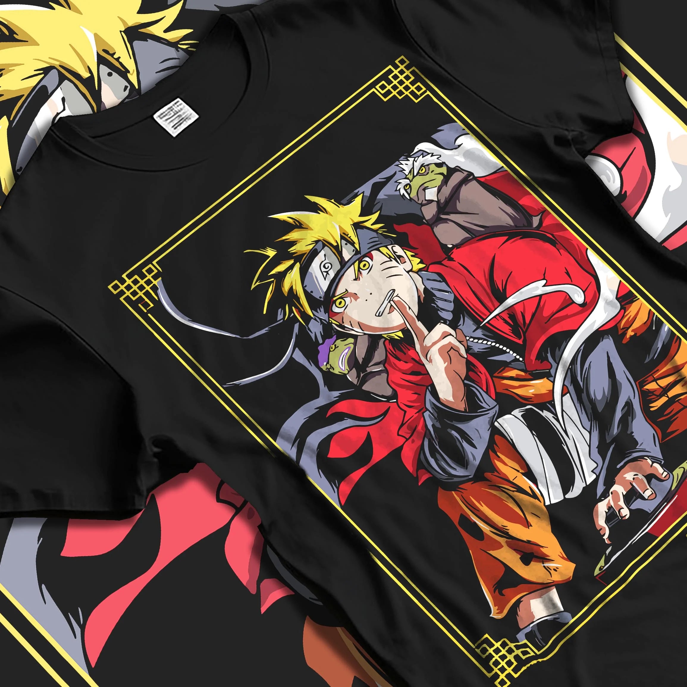 Black T-shirt laid flat with natural folds with Naruto Uzumaki Hoodie Naruto Shippuden Sage Mode graphic premium wear.