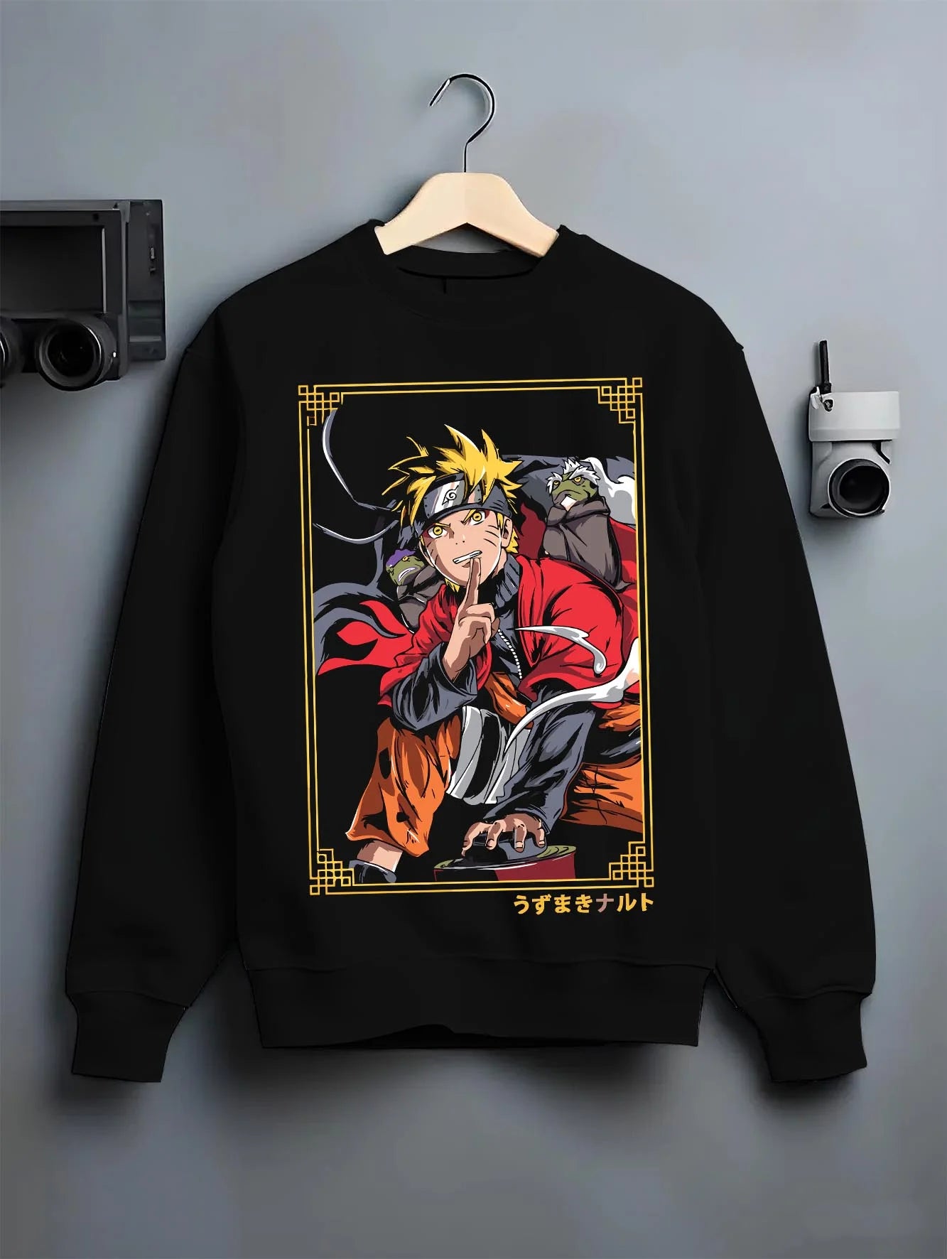 Black crewneck sweatshirt on hanger with Naruto Uzumaki Hoodie Naruto Shippuden Sage Mode graphic premium wear.