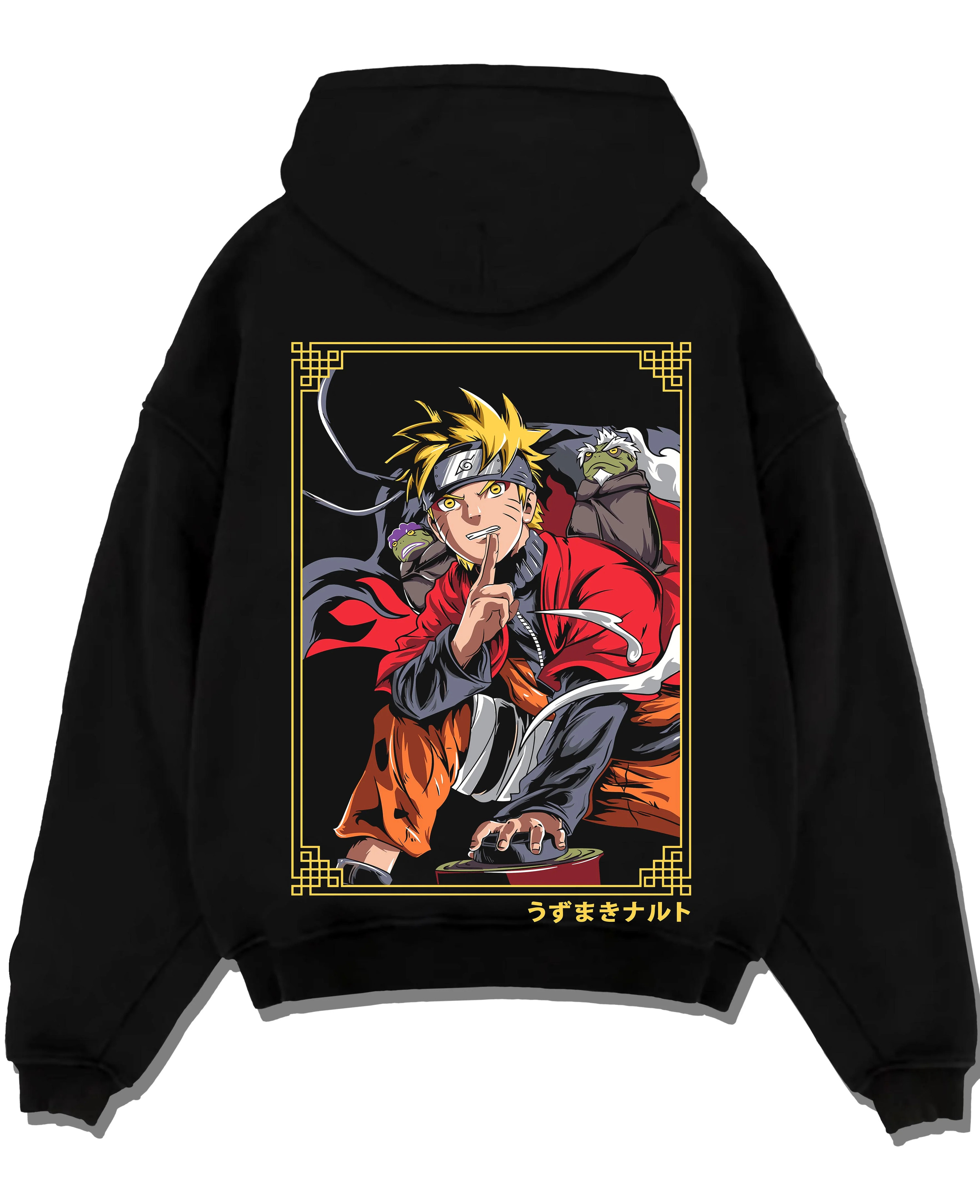 Black pullover hoodie laid flat with Naruto Uzumaki Hoodie Naruto Shippuden Sage Pose graphic streetwear graphic.