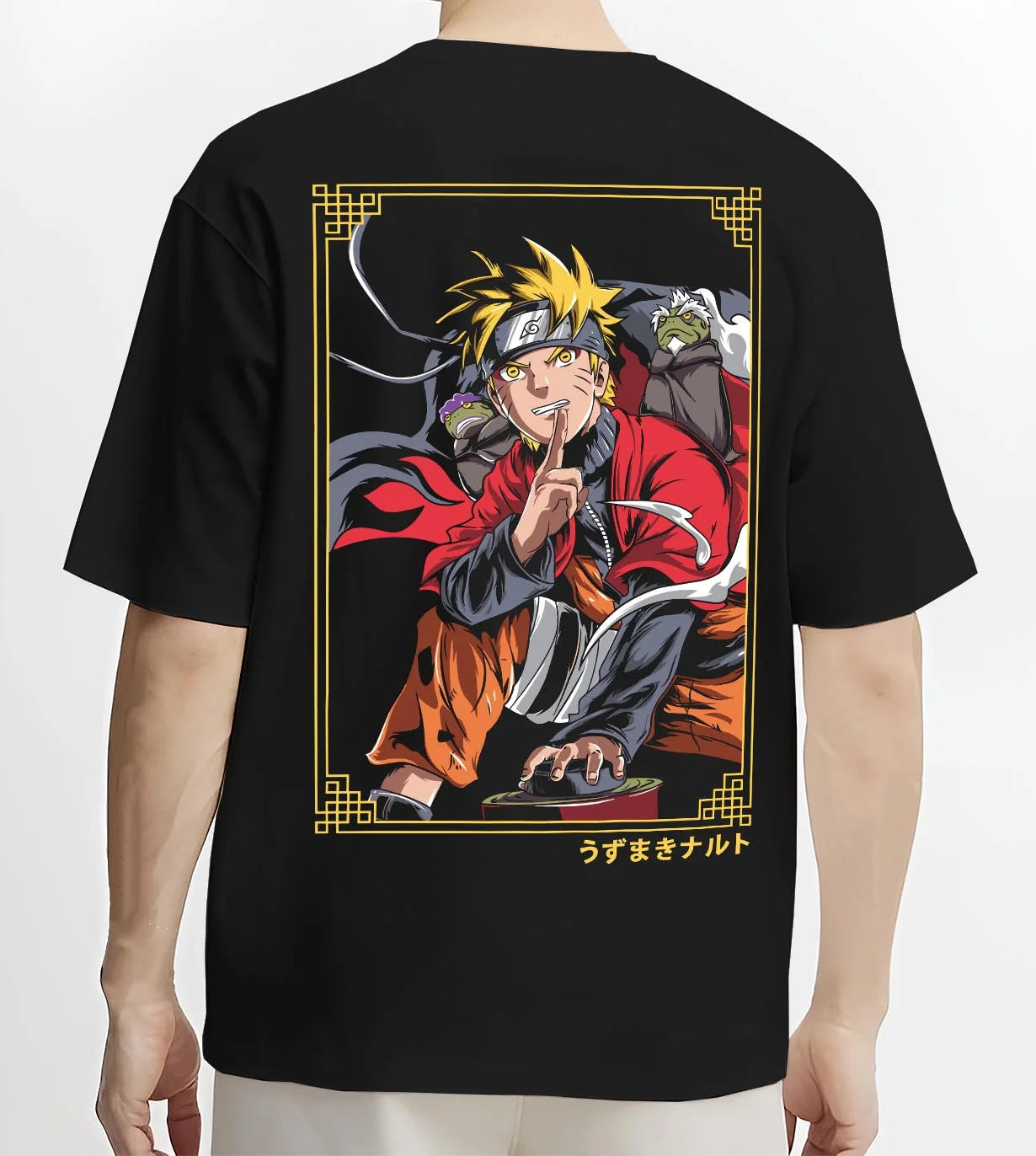 Black T-shirt worn by male model, back view with Naruto Uzumaki Hoodie Naruto Shippuden Sage Pose graphic bold anime graphic.