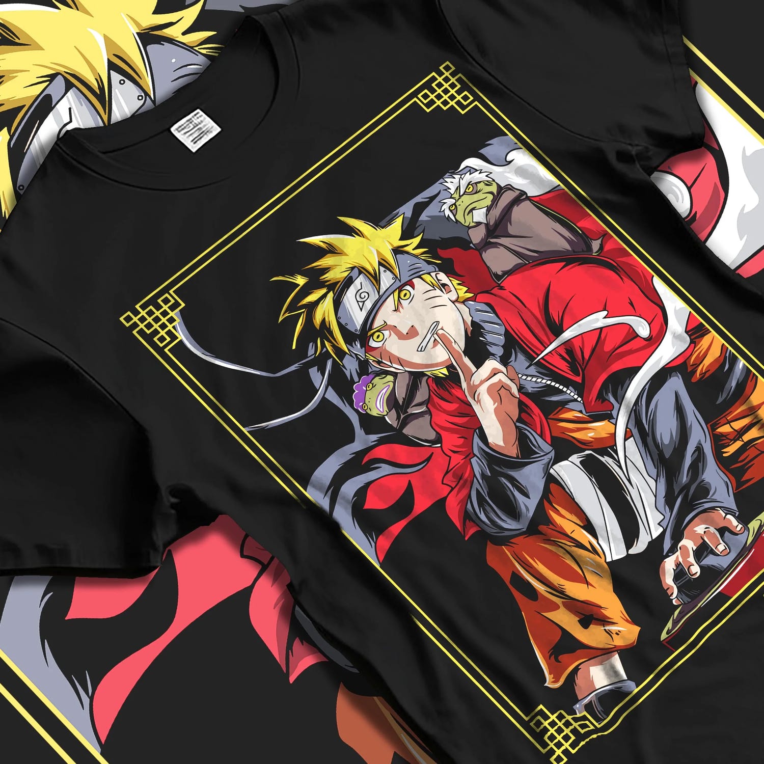 Black T-shirt laid flat with natural folds with Naruto Uzumaki Hoodie Naruto Shippuden Sage Pose graphic premium wear.