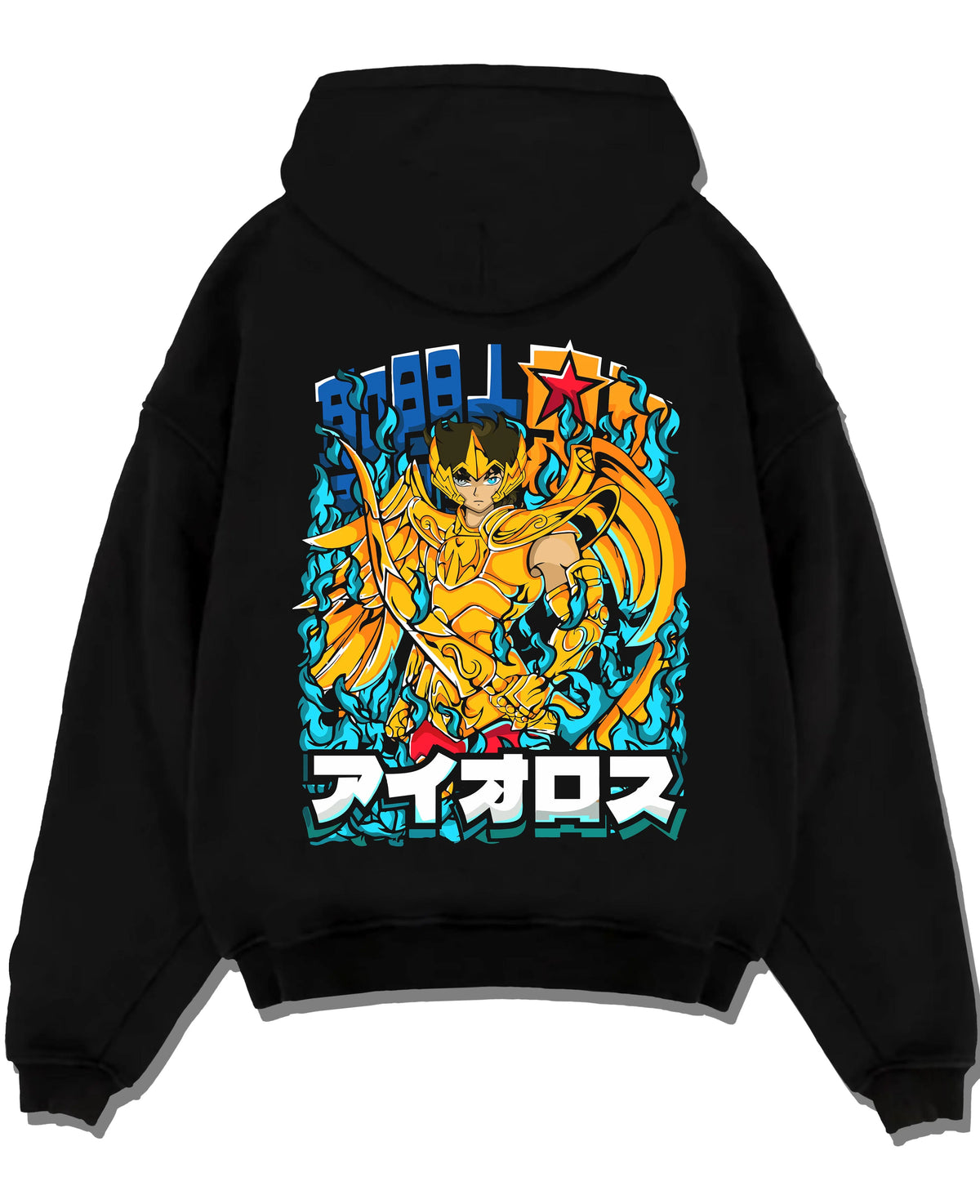 Black hoodie laid flat featuring Sagittarius Aiolos Gold Cloth Saint Seiya artwork.