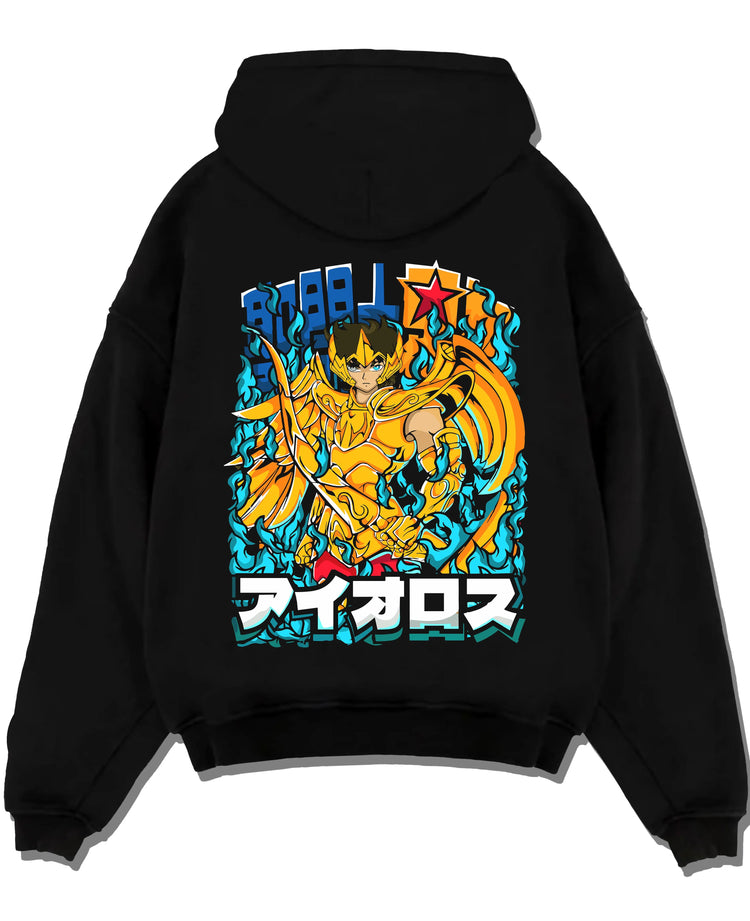 Black hoodie laid flat featuring Sagittarius Aiolos Gold Cloth Saint Seiya artwork.