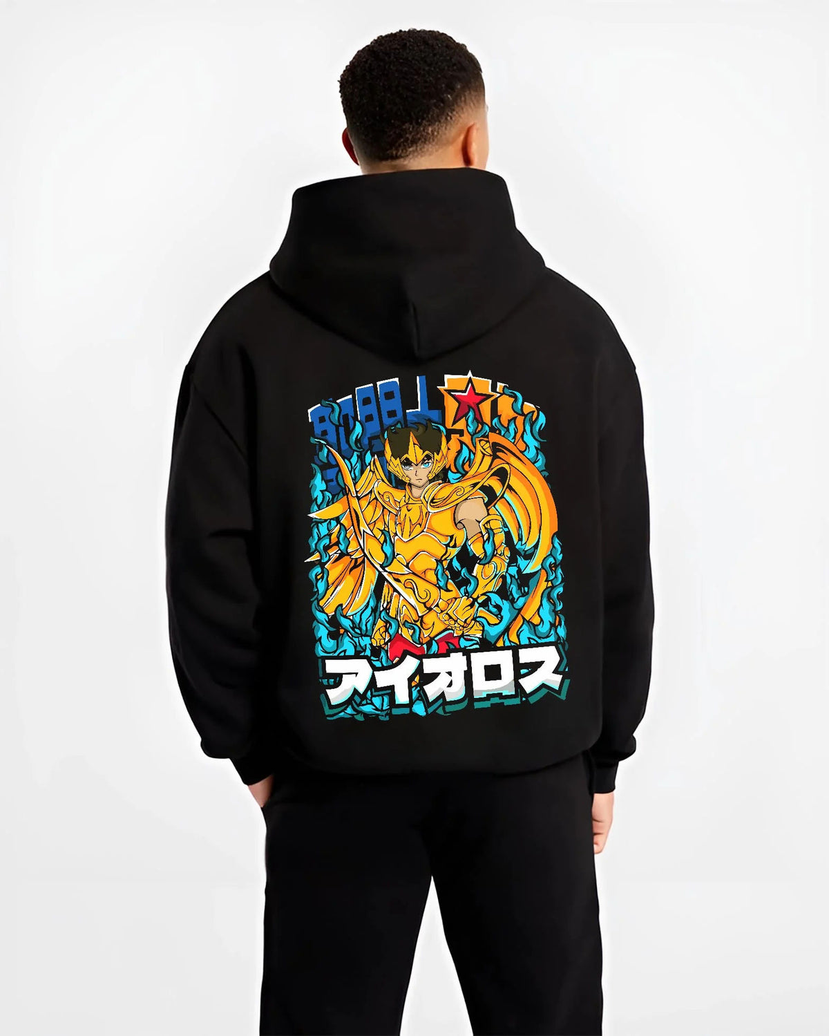 Black hoodie worn by male model from the back featuring Sagittarius Aiolos Gold Cloth Saint Seiya artwork.