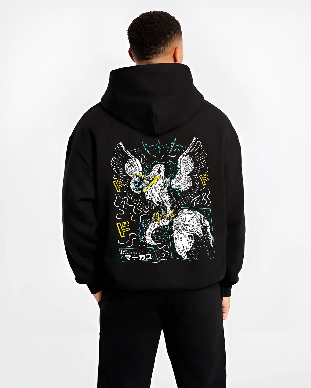 Black hoodie model back view with Five Elders / Gorosei from One Piece illustrated back graphic
