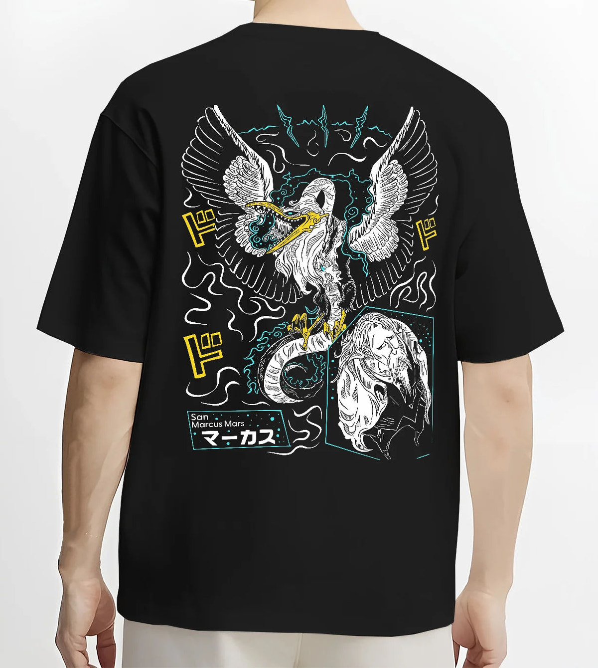 Black T-shirt model back view with Five Elders / Gorosei from One Piece illustrated back graphic