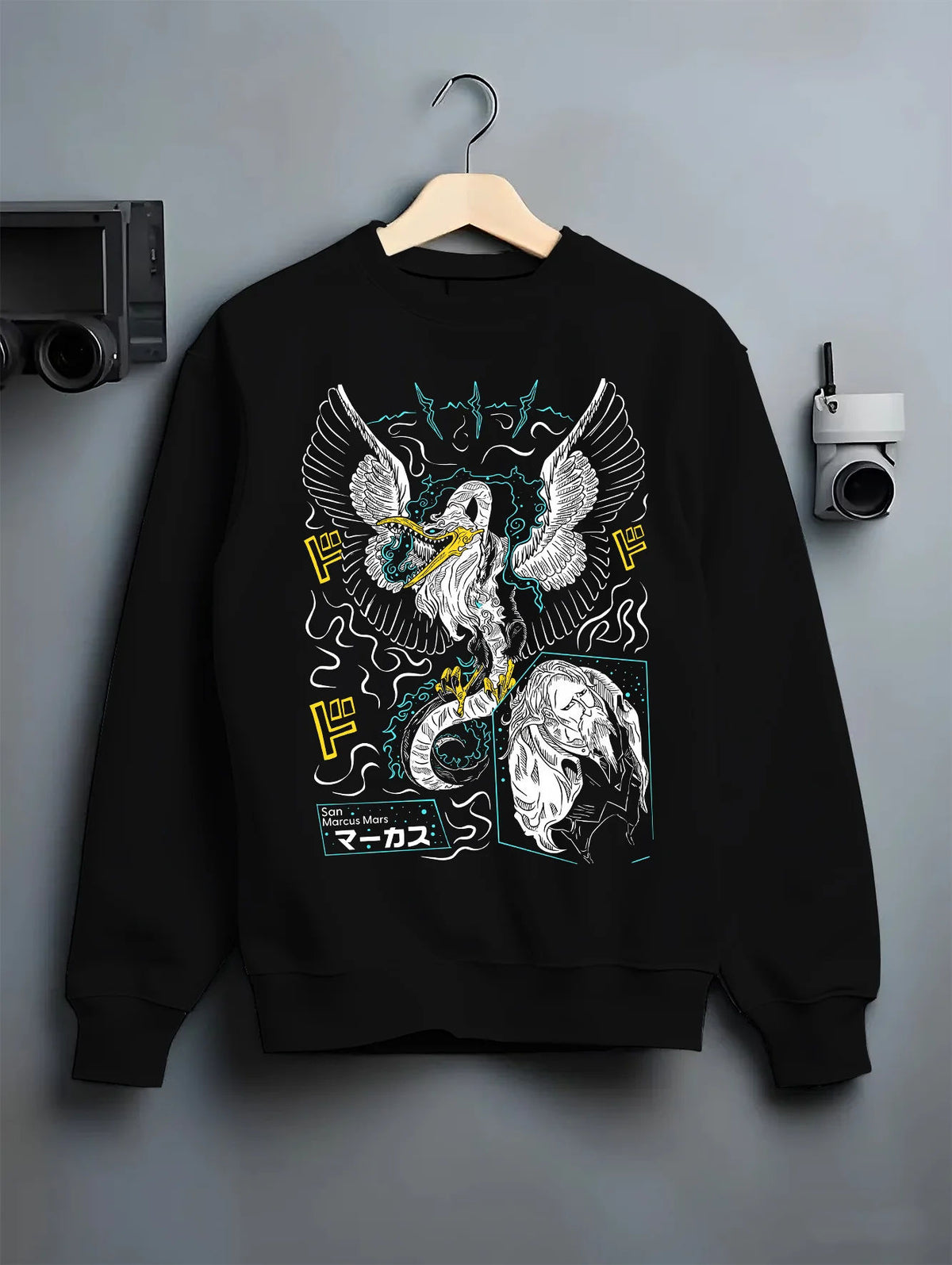 Black crewneck sweatshirt on hanger with Five Elders / Gorosei from One Piece illustrated back graphic