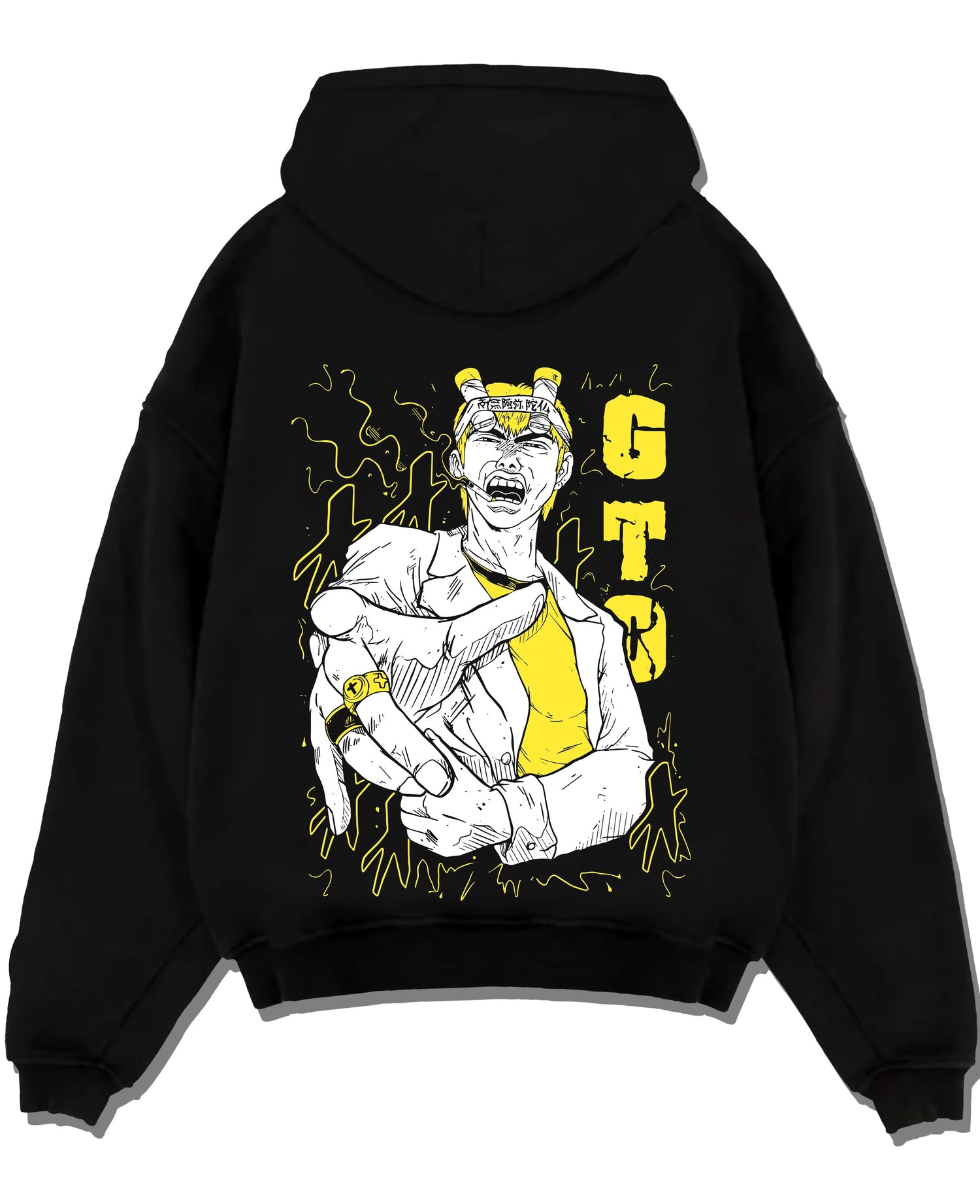 Black pullover hoodie laid flat with Eikichi Onizuka Hoodie Great Teacher Onizuka GTO graphic bold anime graphic.