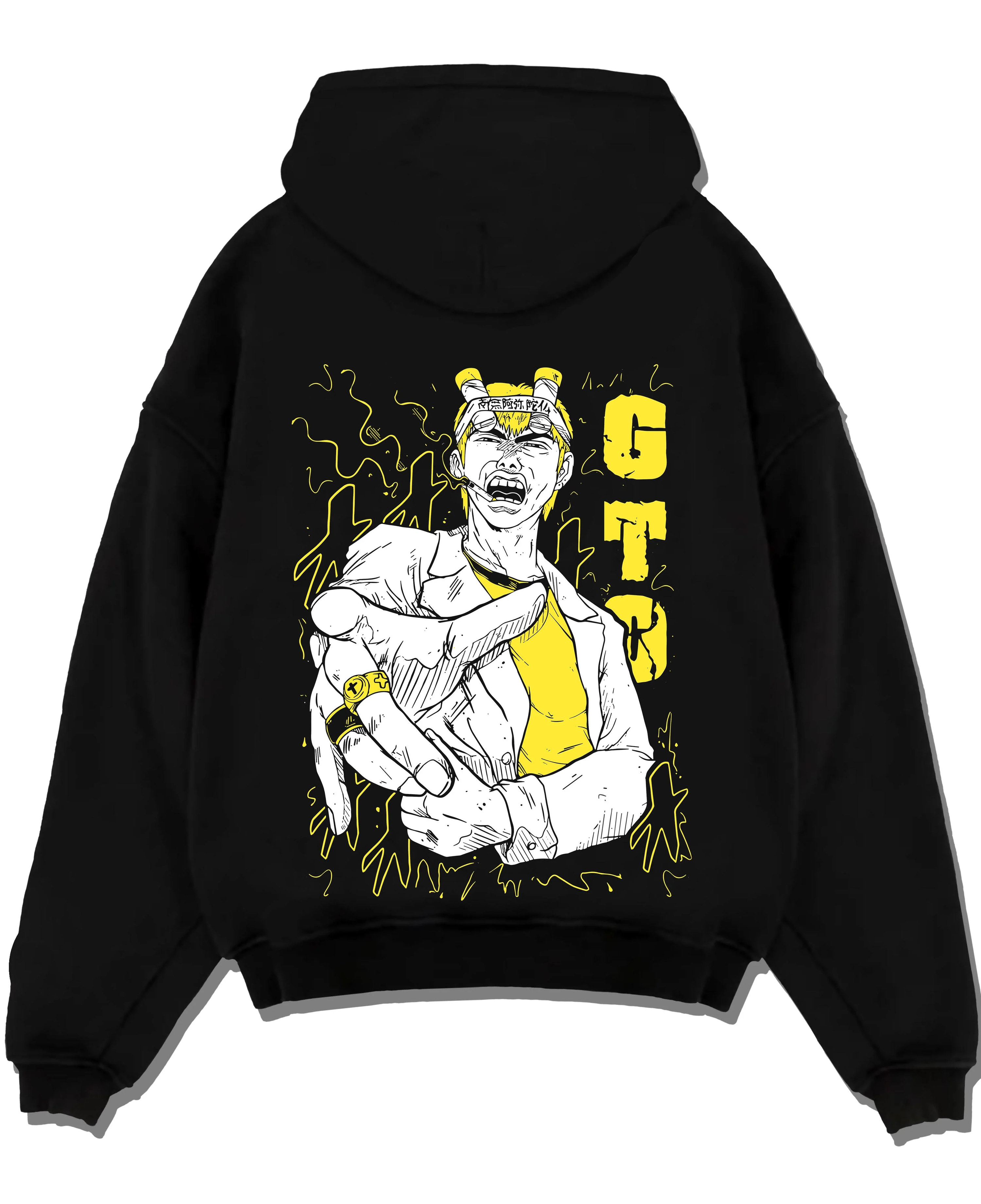 Black pullover hoodie laid flat with Eikichi Onizuka Hoodie Great Teacher Onizuka GTO graphic bold anime graphic.