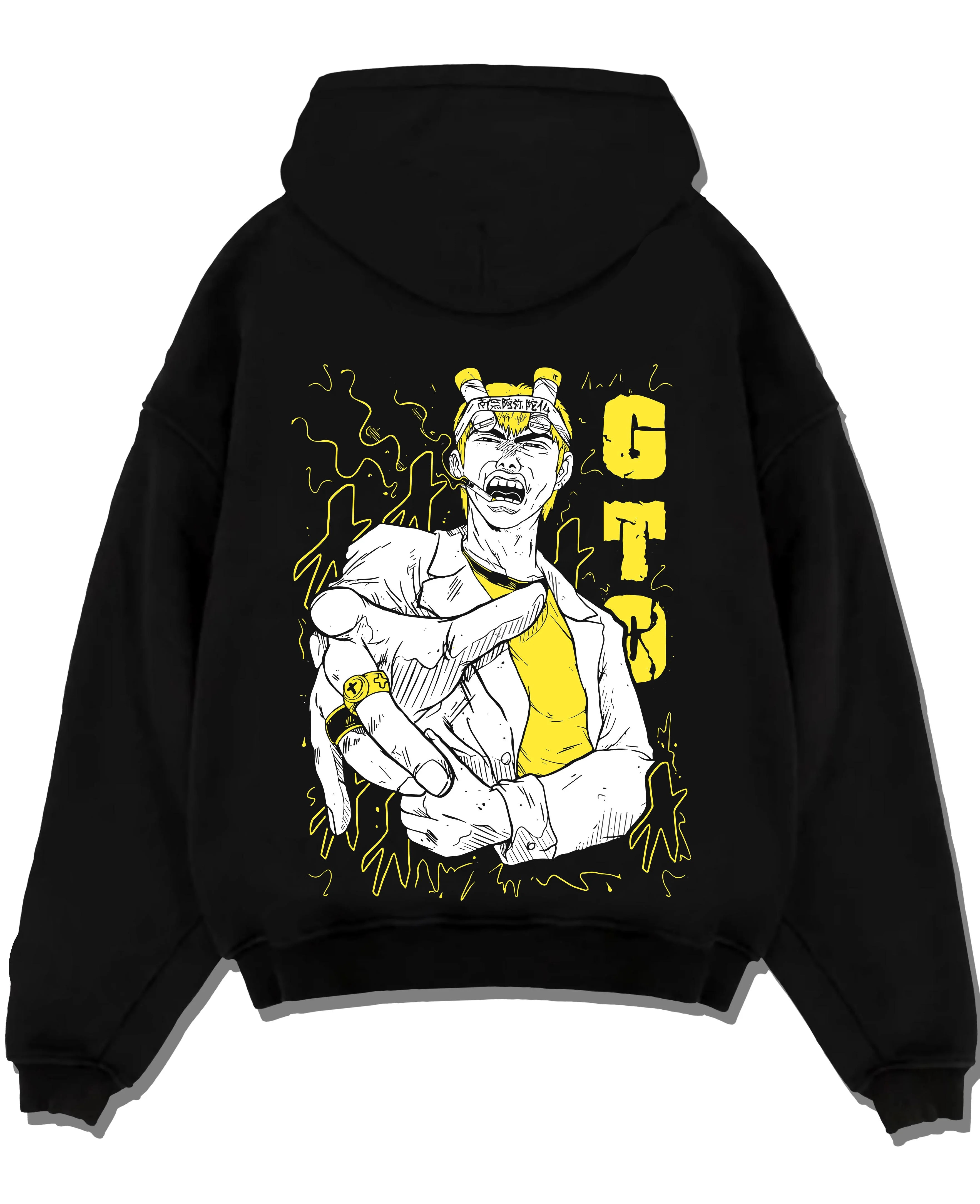 Black pullover hoodie laid flat with Eikichi Onizuka Hoodie Great Teacher Onizuka GTO graphic bold anime graphic.
