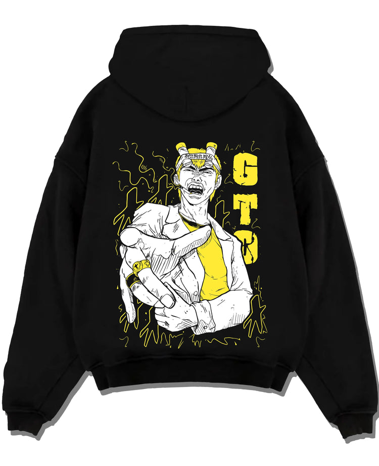 Black pullover hoodie laid flat with Eikichi Onizuka Hoodie Great Teacher Onizuka GTO graphic bold anime graphic.