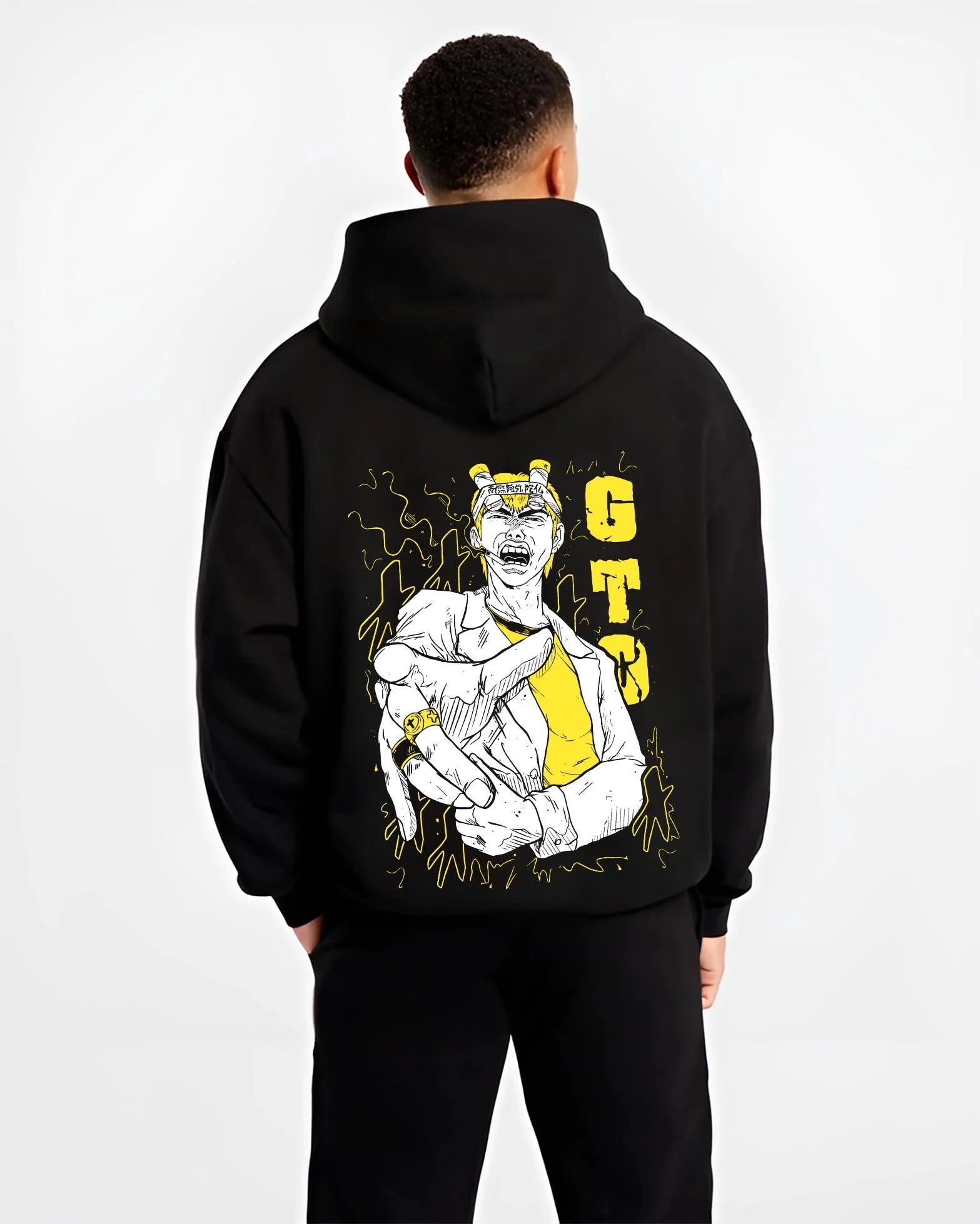 Black hoodie worn by male model, back view with Eikichi Onizuka Hoodie Great Teacher Onizuka GTO graphic premium wear.