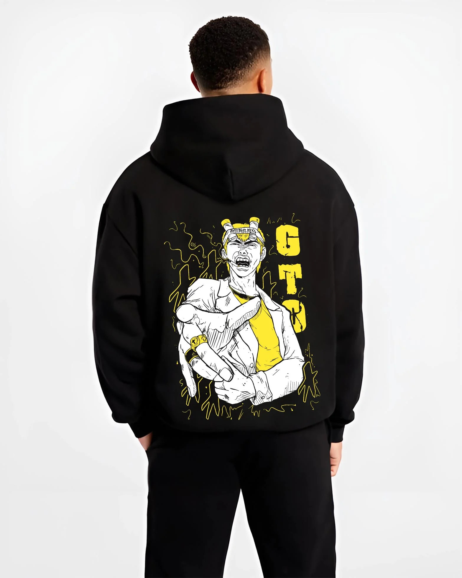 Black hoodie worn by male model, back view with Eikichi Onizuka Hoodie Great Teacher Onizuka GTO graphic premium wear.