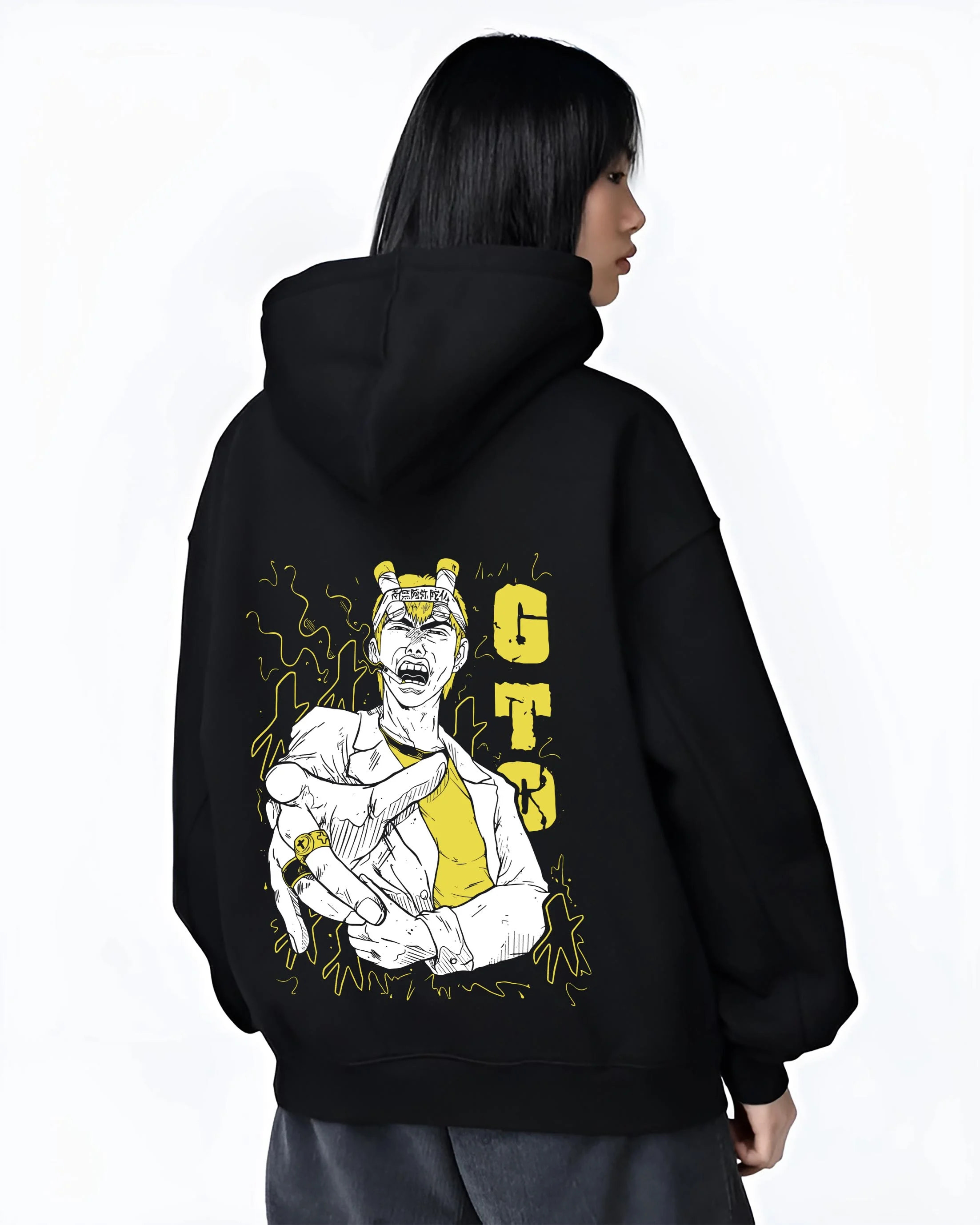 Black hoodie worn by female model, back view with Eikichi Onizuka Hoodie Great Teacher Onizuka GTO graphic bold anime graphic.