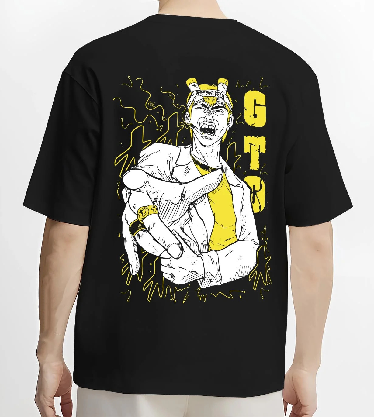 Black T-shirt worn by male model, back view with Eikichi Onizuka Hoodie Great Teacher Onizuka GTO graphic premium wear.