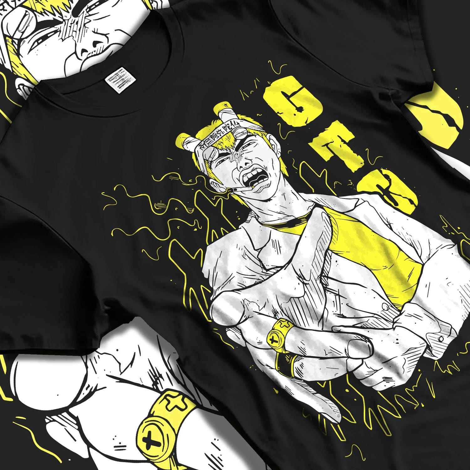 Black T-shirt laid flat with natural folds with Eikichi Onizuka Hoodie Great Teacher Onizuka GTO graphic premium wear.