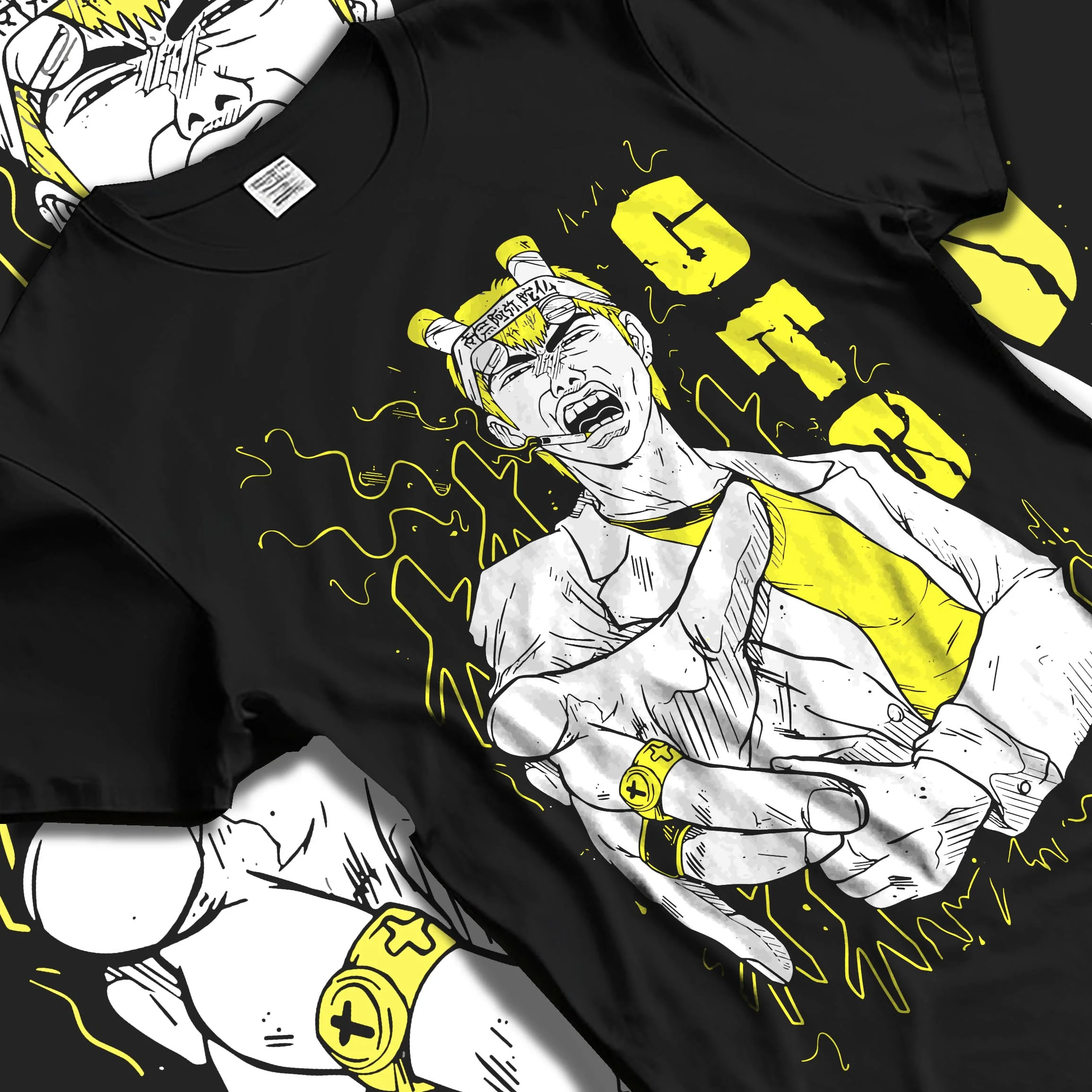 Black T-shirt laid flat with natural folds with Eikichi Onizuka Hoodie Great Teacher Onizuka GTO graphic premium wear.