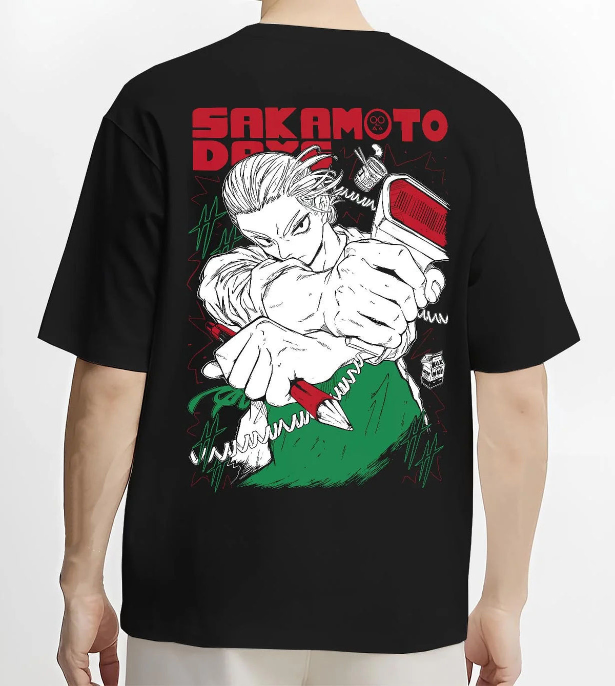 Black T-shirt worn by male model from the back featuring Sakamoto Days cool assassin fight scene artwork.