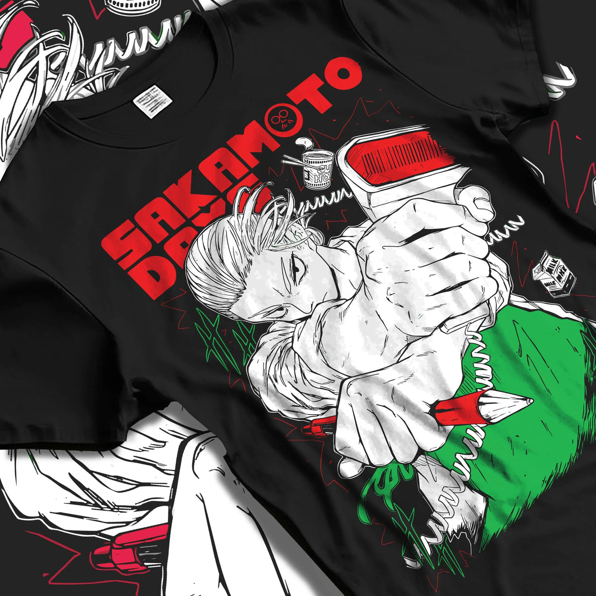 Black T-shirt laid flat with natural folds featuring Sakamoto Days cool assassin fight scene artwork.