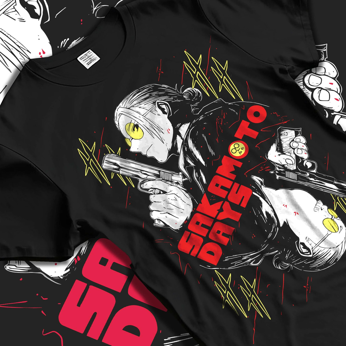 Black T-shirt laid flat with natural folds featuring Sakamoto Days elite assassin gunfight artwork.