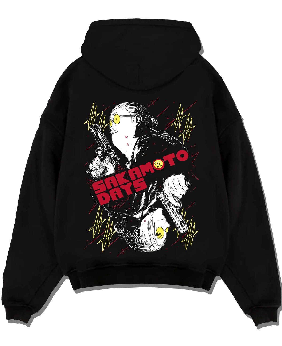 Black hoodie laid flat featuring Sakamoto Days assassin duo pistol battle artwork.