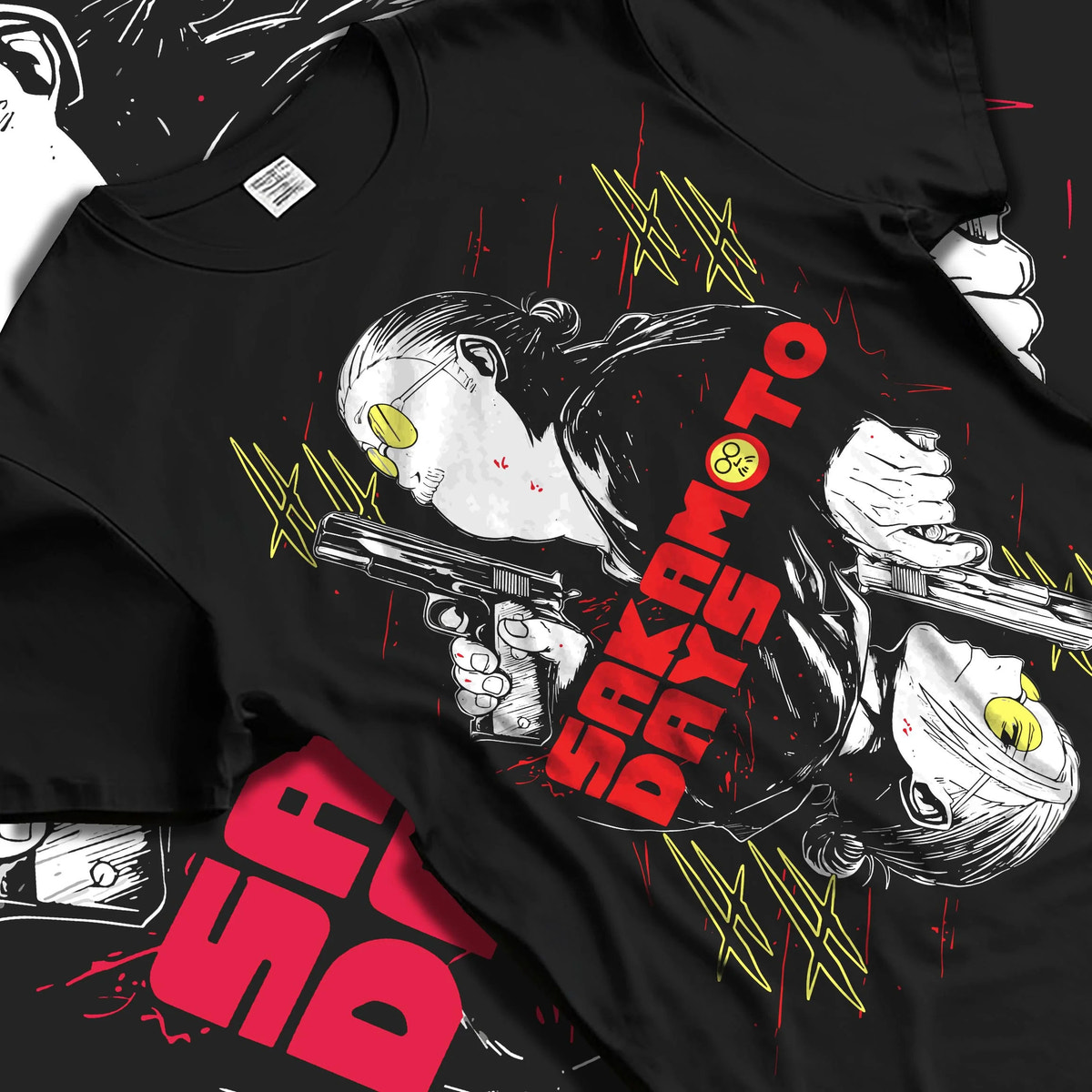 Black T-shirt laid flat with natural folds featuring Sakamoto Days assassin duo pistol battle artwork.