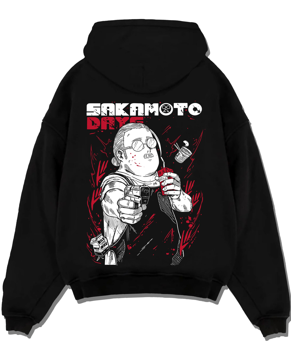 Black hoodie laid flat featuring Taro Sakamoto assassin street style Sakamoto Days artwork.