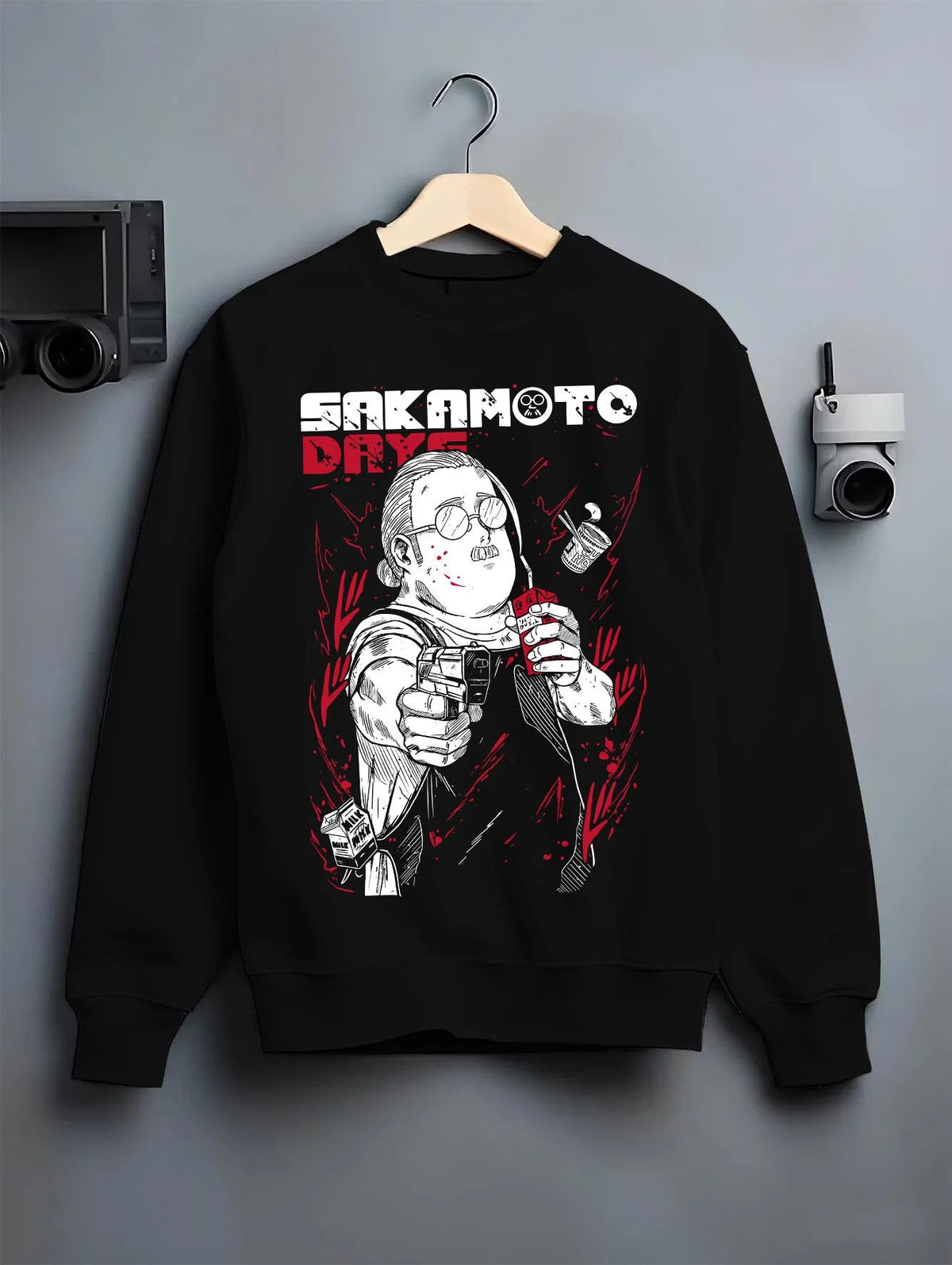 Black crewneck sweatshirt on hanger featuring Taro Sakamoto assassin street style Sakamoto Days artwork.