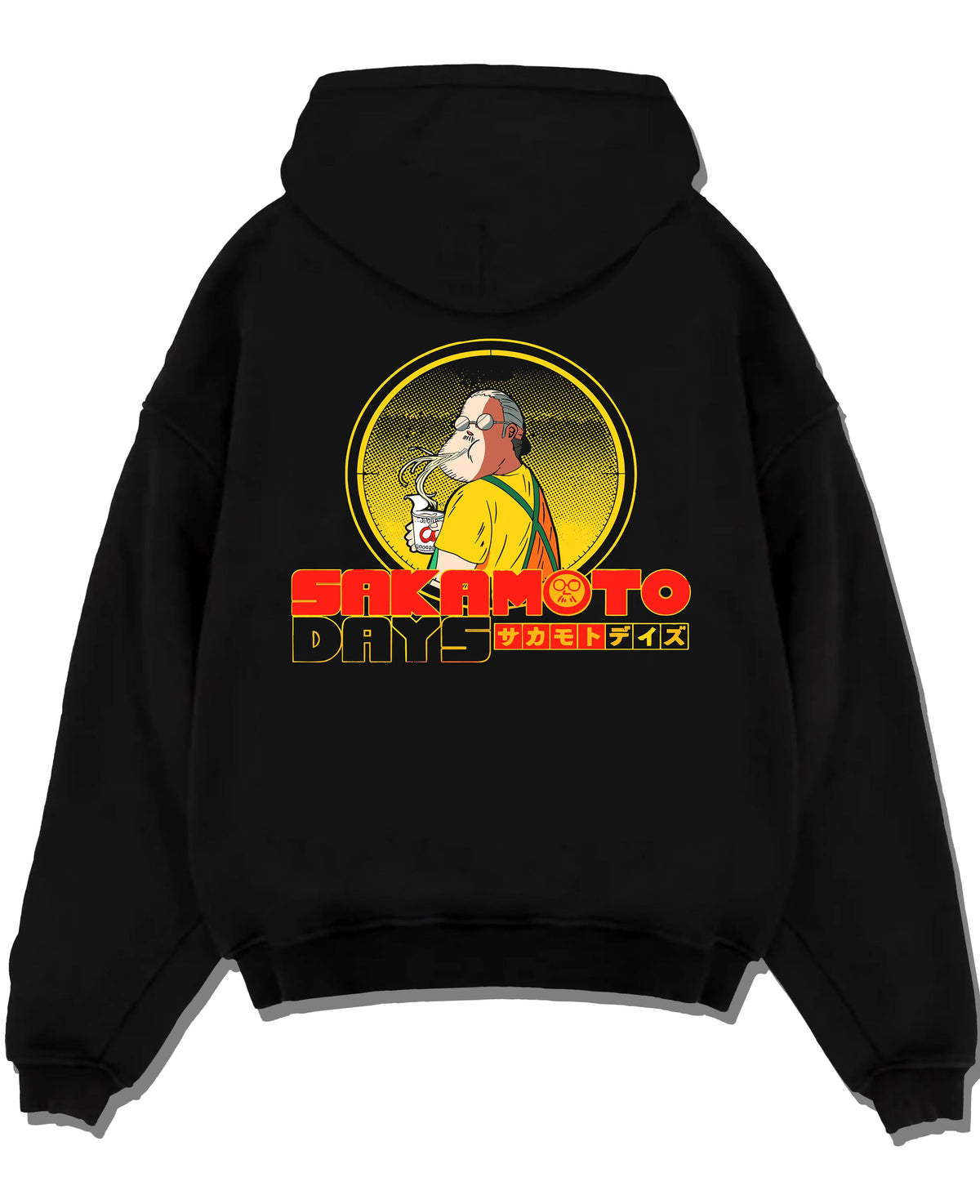 Black hoodie laid flat featuring Sakamoto Days veteran assassin artwork.