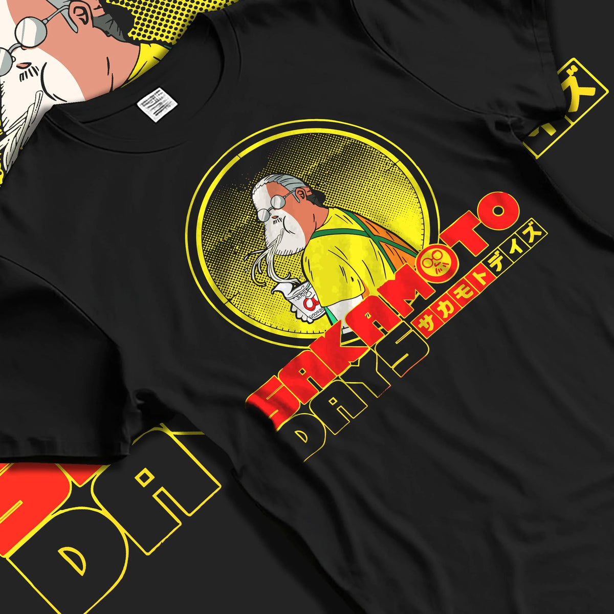 Black T-shirt laid flat with natural folds featuring Sakamoto Days veteran assassin artwork.