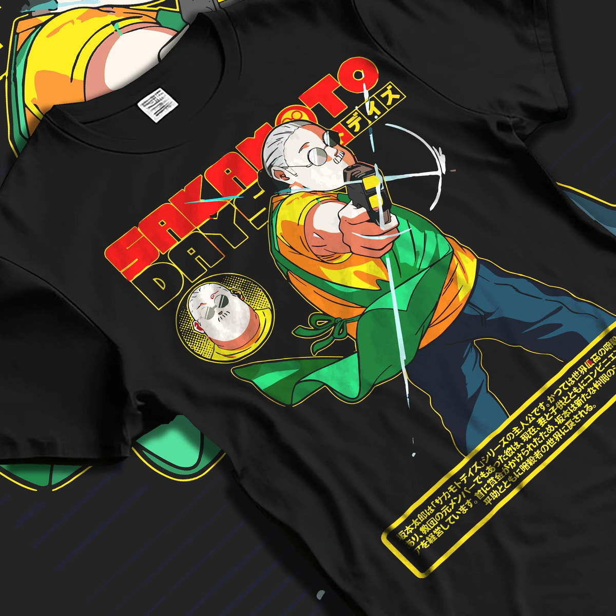 Black T-shirt laid flat with natural folds featuring Taro Sakamoto assassin battle Sakamoto Days artwork.