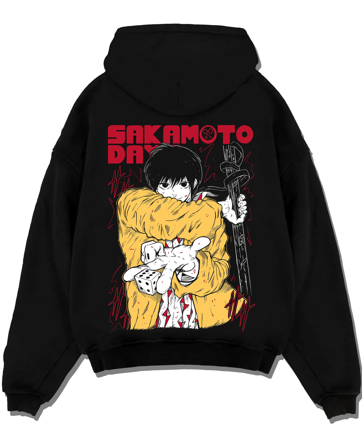 Black hoodie laid flat featuring Taro Sakamoto young assassin Sakamoto Days artwork.