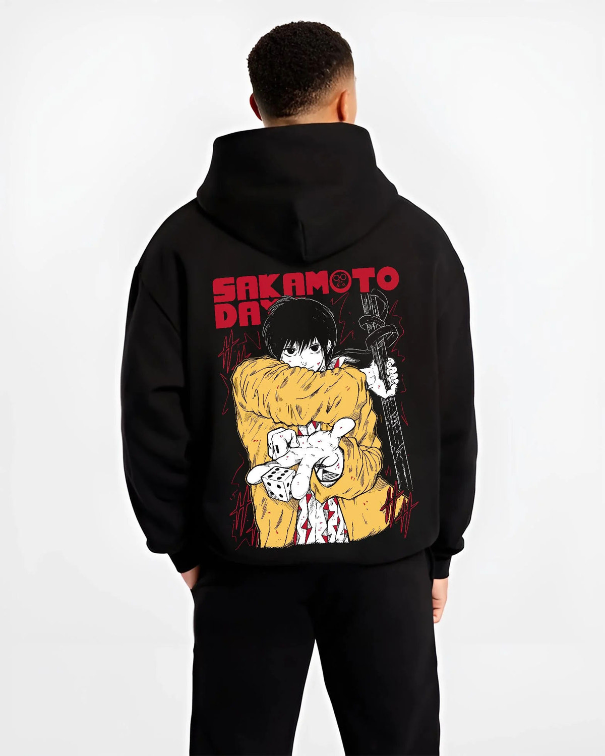 Black hoodie worn by male model from the back featuring Taro Sakamoto young assassin Sakamoto Days artwork.