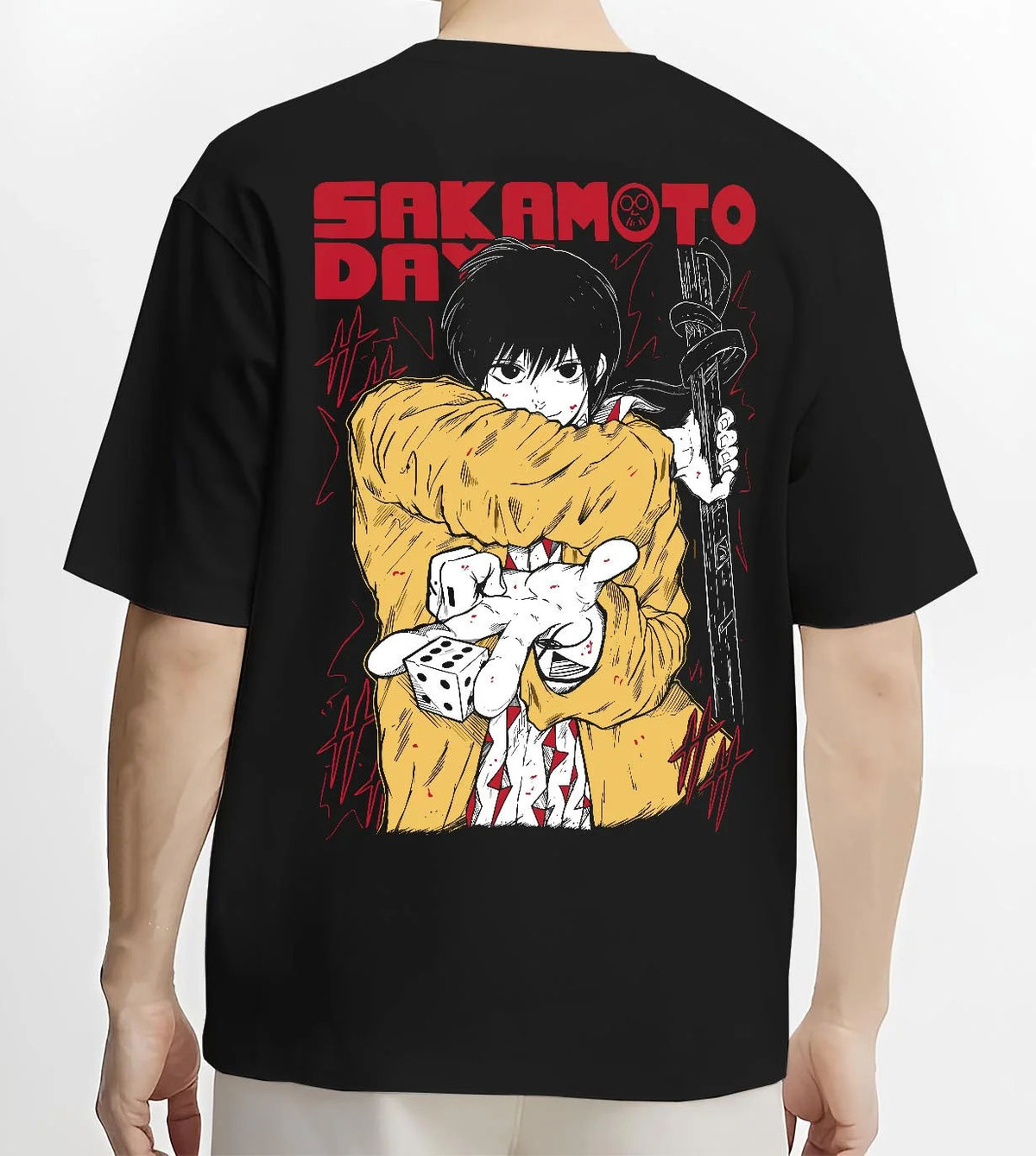 Black T-shirt worn by male model from the back featuring Taro Sakamoto young assassin Sakamoto Days artwork.