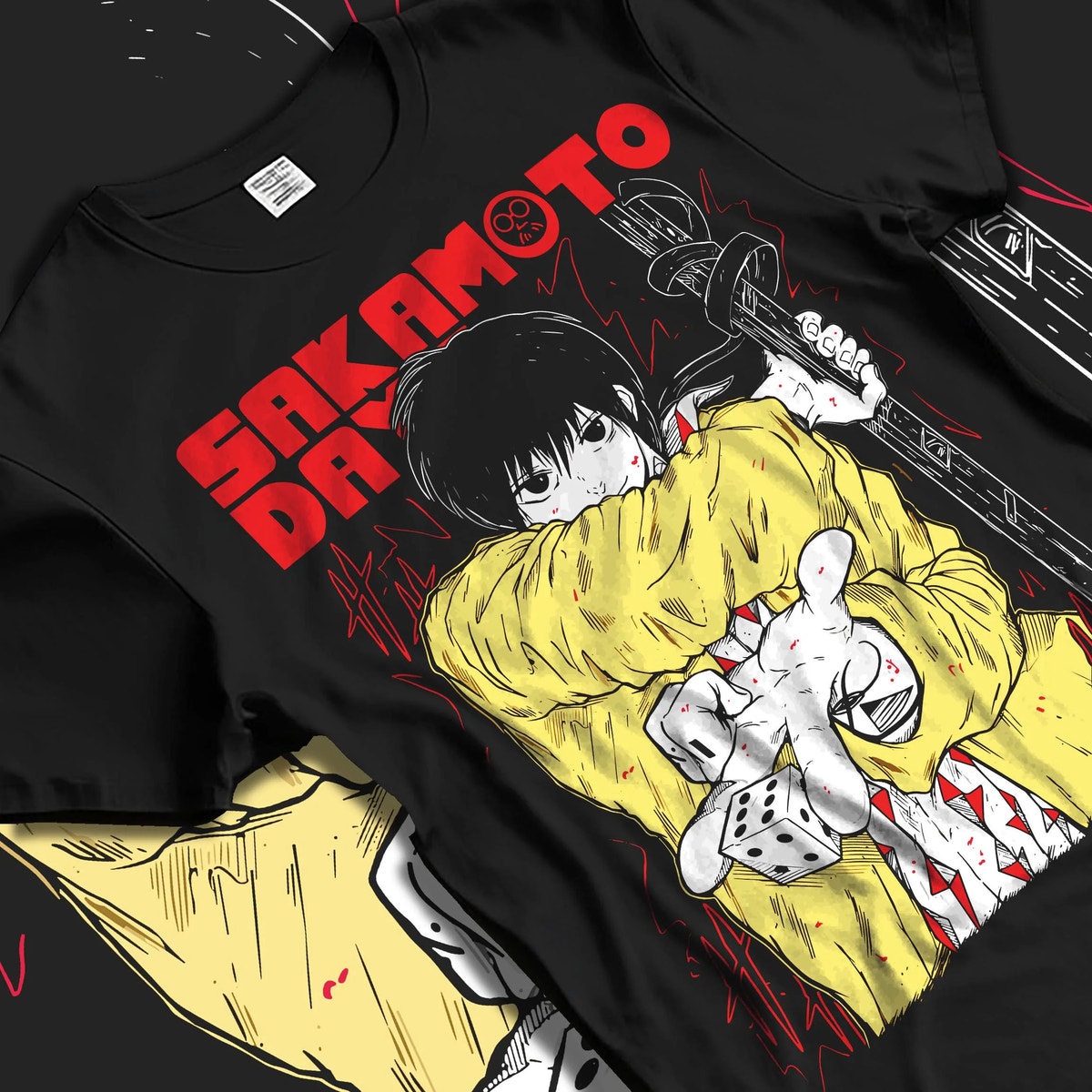 Black T-shirt laid flat with natural folds featuring Taro Sakamoto young assassin Sakamoto Days artwork.