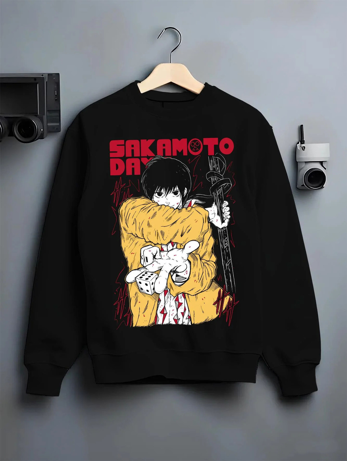 Black crewneck sweatshirt on hanger featuring Taro Sakamoto young assassin Sakamoto Days artwork.