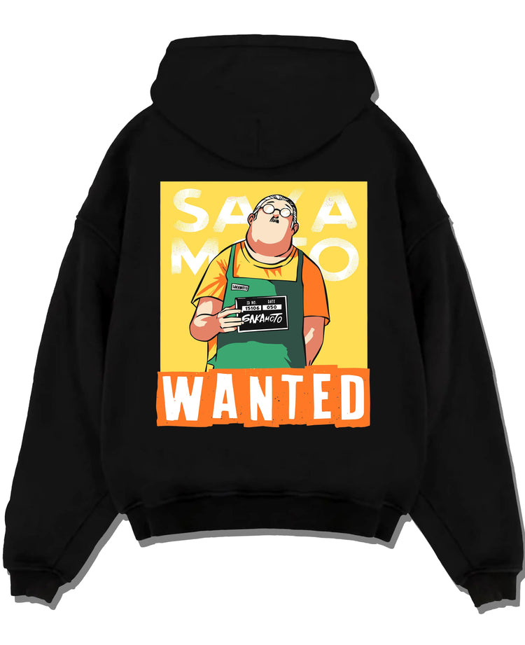Black hoodie laid flat featuring Taro Sakamoto wanted poster Sakamoto Days artwork.