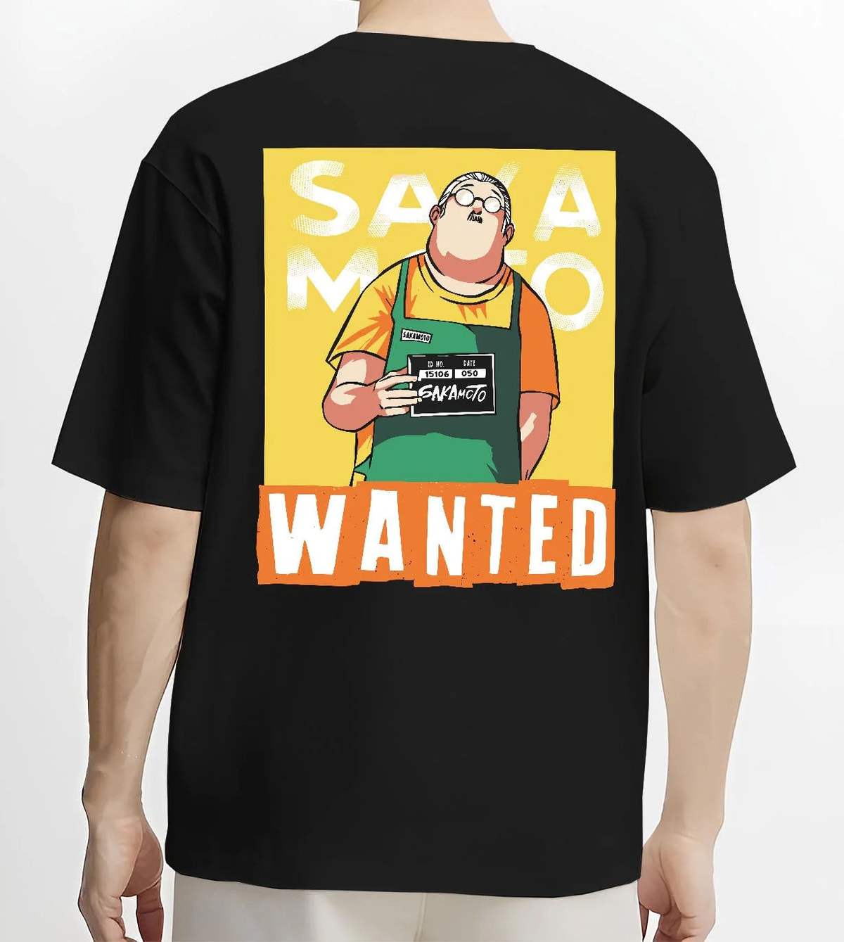 Black T-shirt worn by male model from the back featuring Taro Sakamoto wanted poster Sakamoto Days artwork.