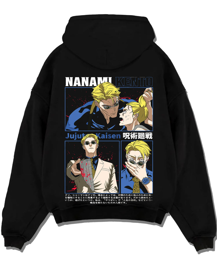 Black pullover hoodie laid flat with Kento Nanami Hoodie Jujutsu Kaisen Dark Manga graphic bold anime graphic.