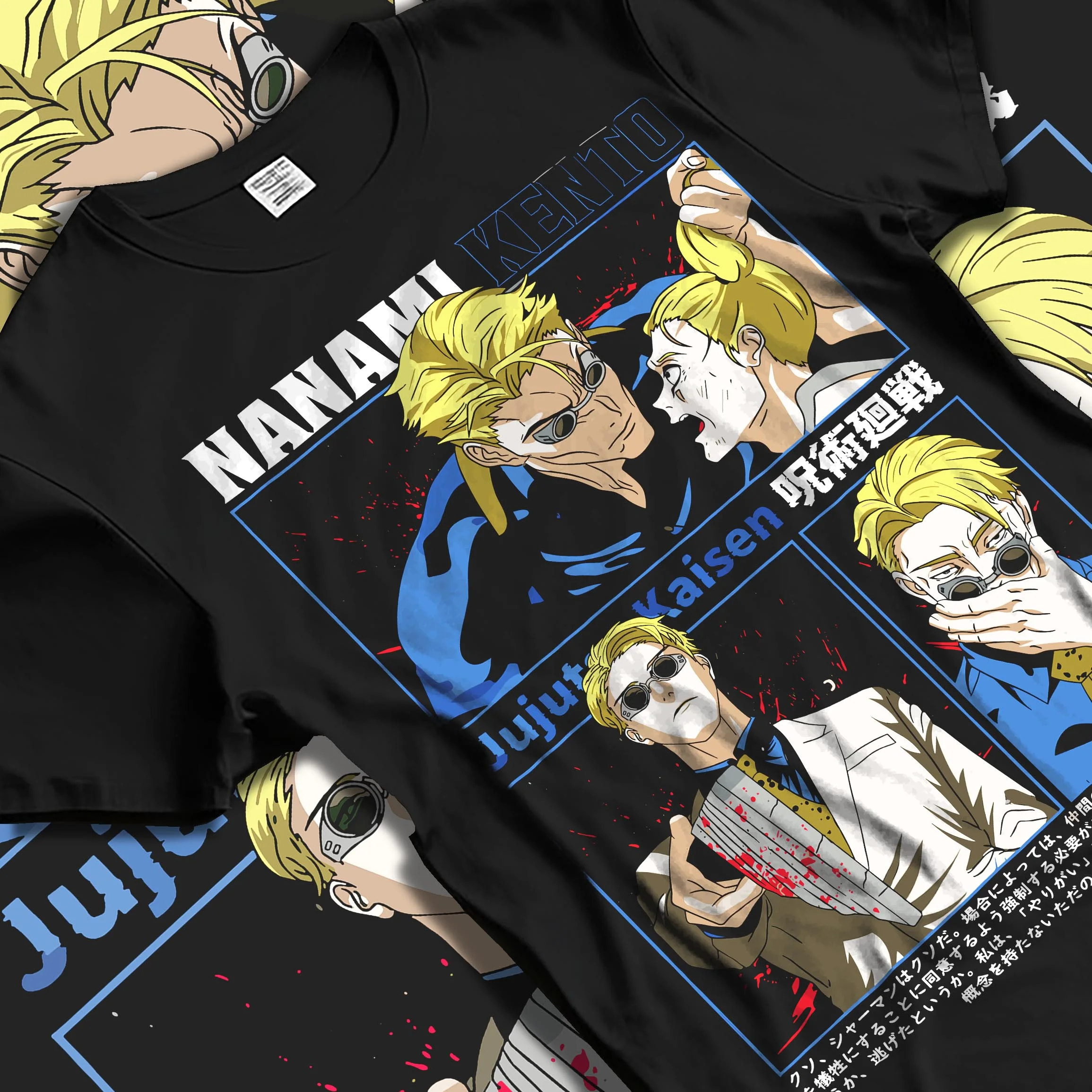 Black T-shirt laid flat with natural folds with Kento Nanami Hoodie Jujutsu Kaisen Dark Manga graphic premium wear.