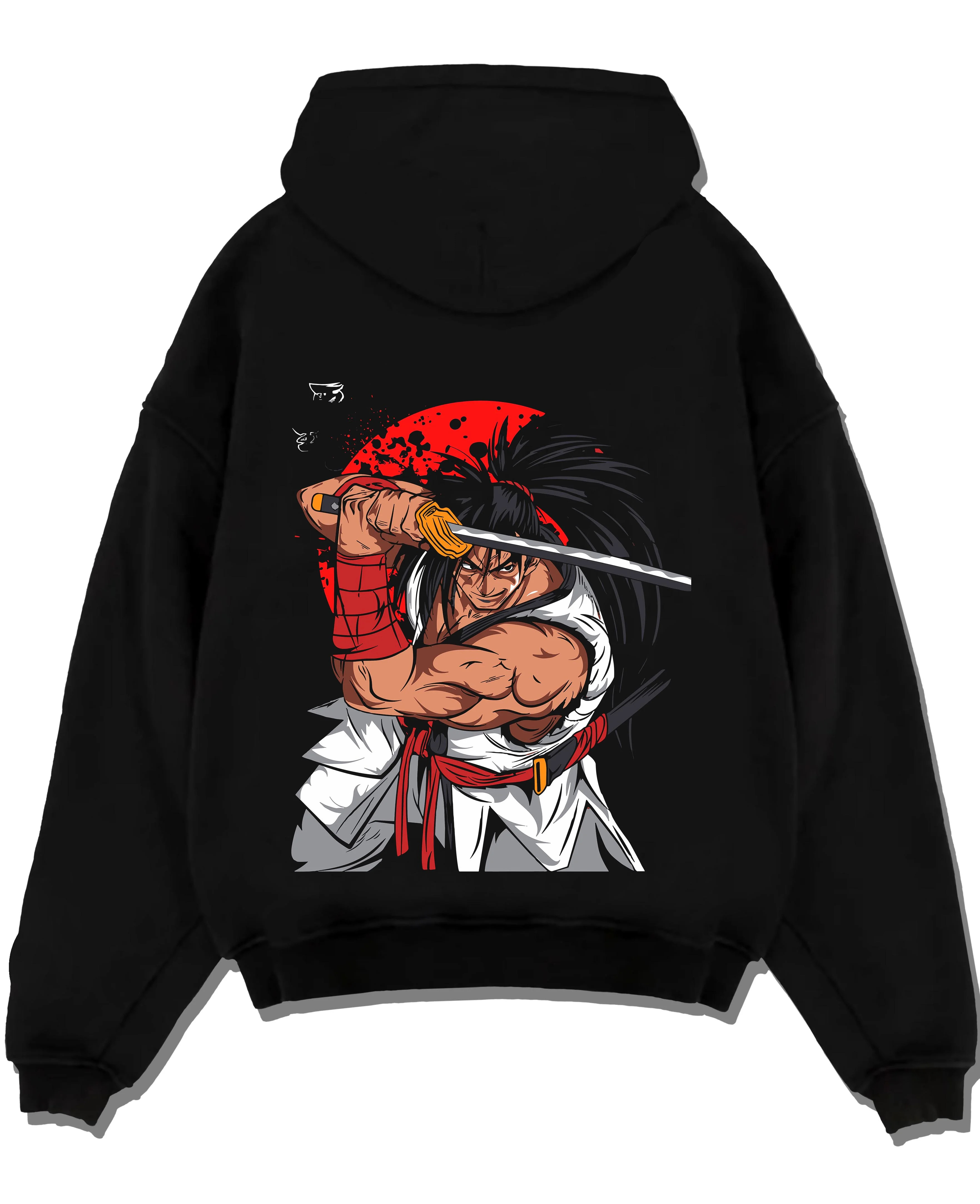 Black pullover hoodie laid flat with Haohmaru Hoodie Samurai Shodown Sword Master graphic premium wear.