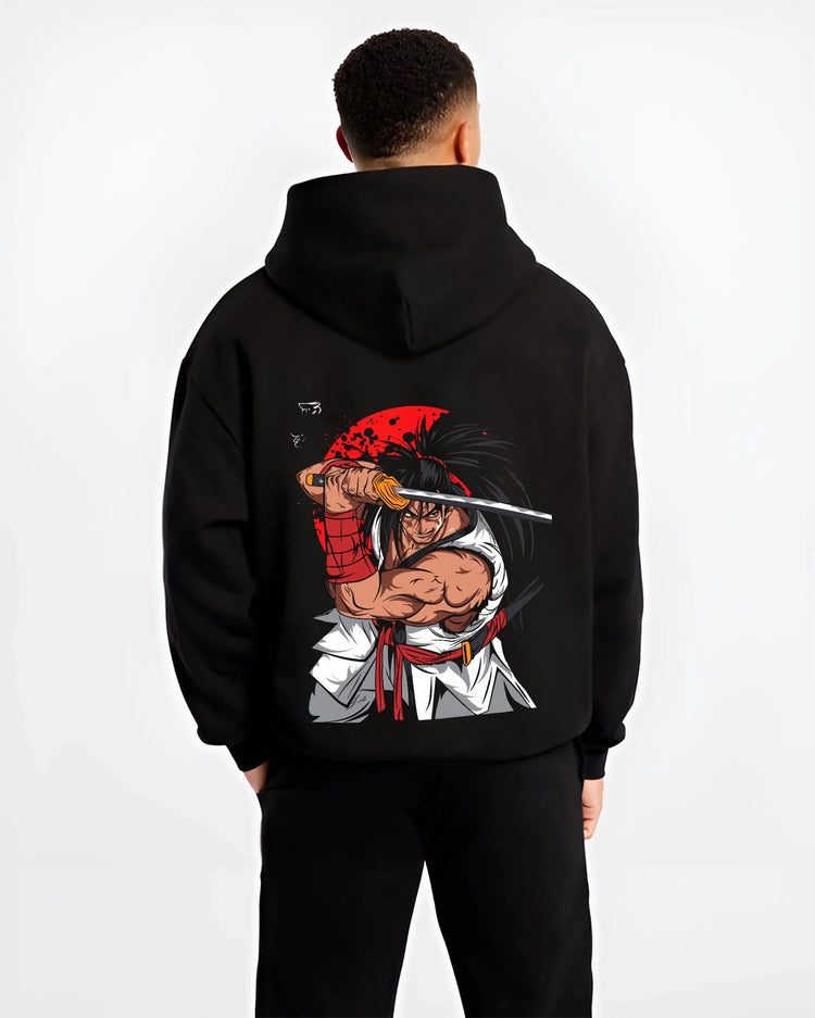 Black hoodie worn by male model, back view with Haohmaru Hoodie Samurai Shodown Sword Master graphic bold anime graphic.