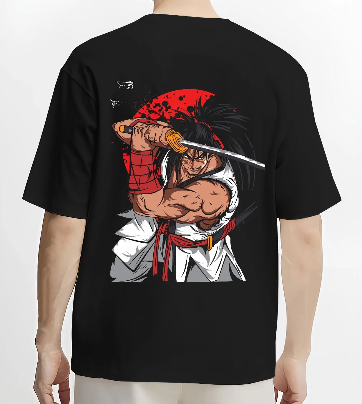 Black T-shirt worn by male model, back view with Haohmaru Hoodie Samurai Shodown Sword Master graphic premium wear.