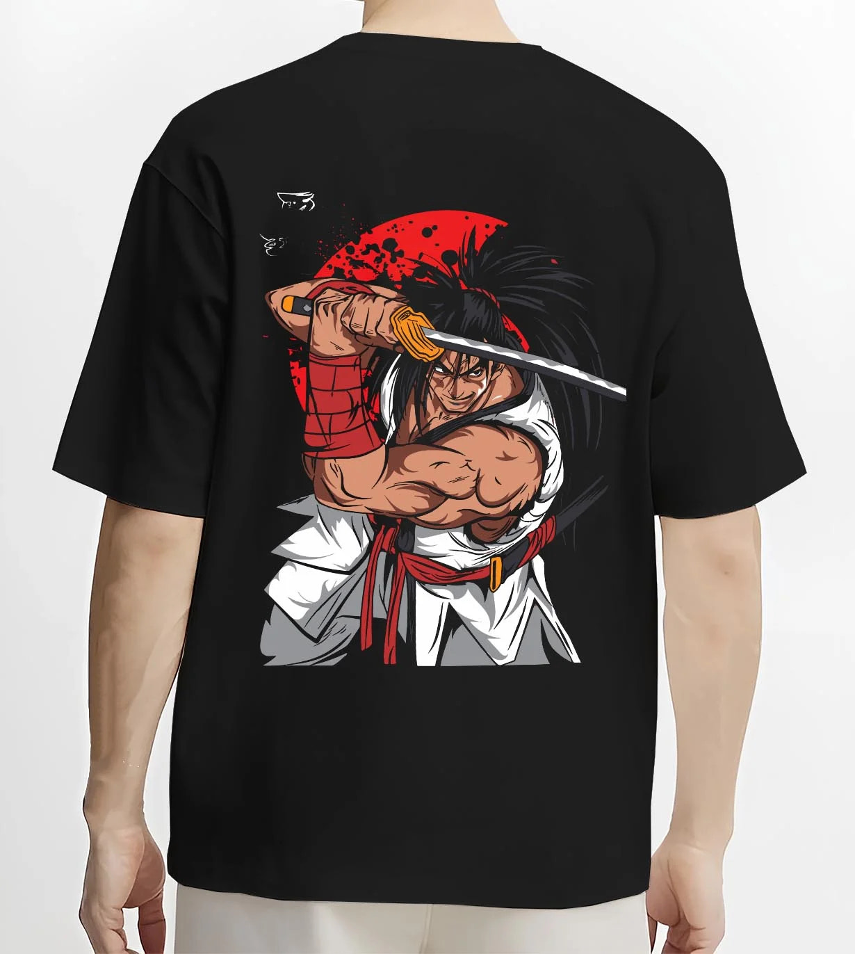 Black T-shirt worn by male model, back view with Haohmaru Hoodie Samurai Shodown Sword Master graphic premium wear.