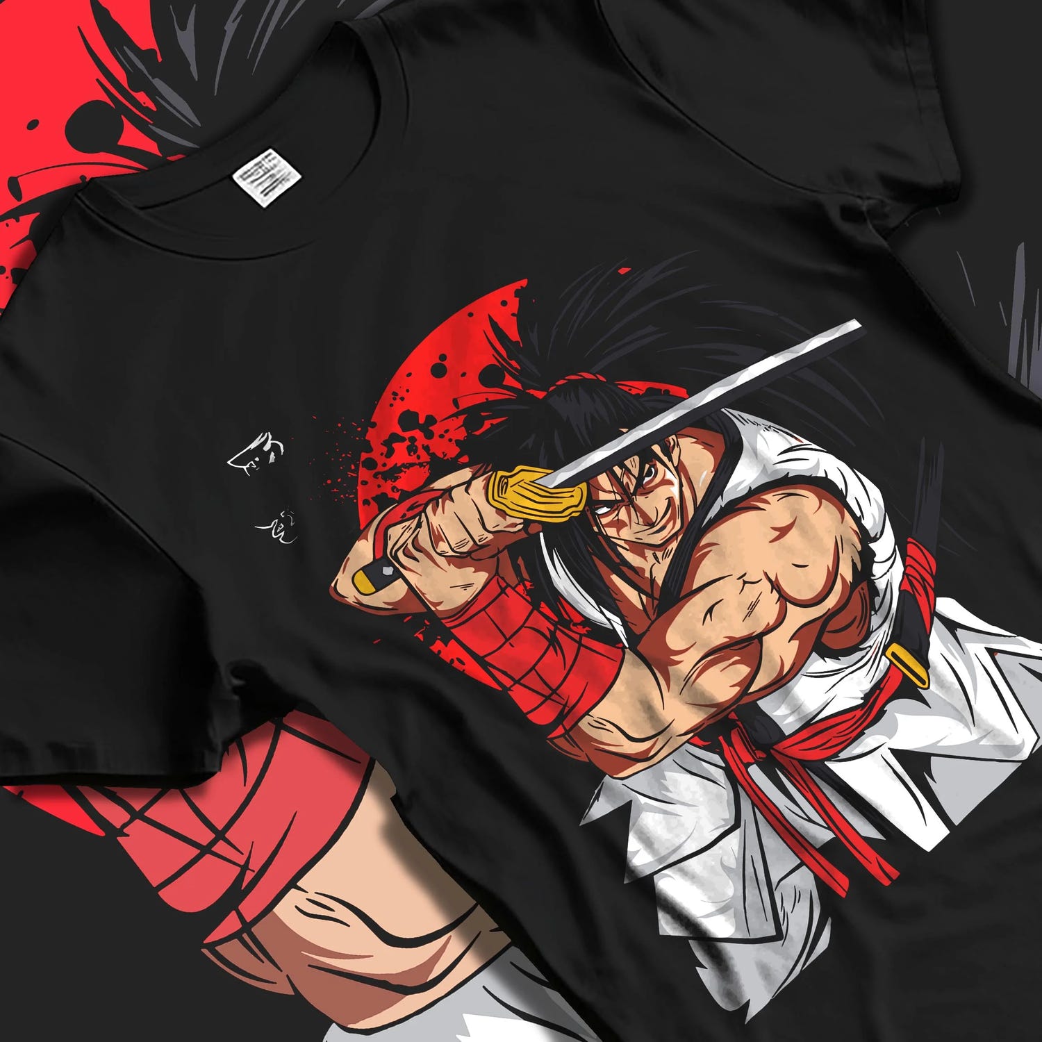 Black T-shirt laid flat with natural folds with Haohmaru Hoodie Samurai Shodown Sword Master graphic bold anime graphic.