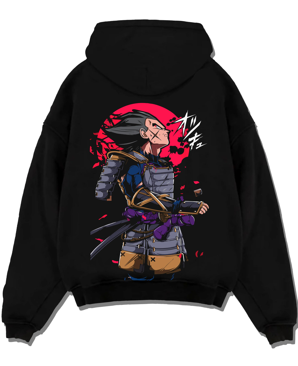 Black hoodie laid flat featuring Vegeta samurai armour Saiyan warrior Dragon Ball artwork.